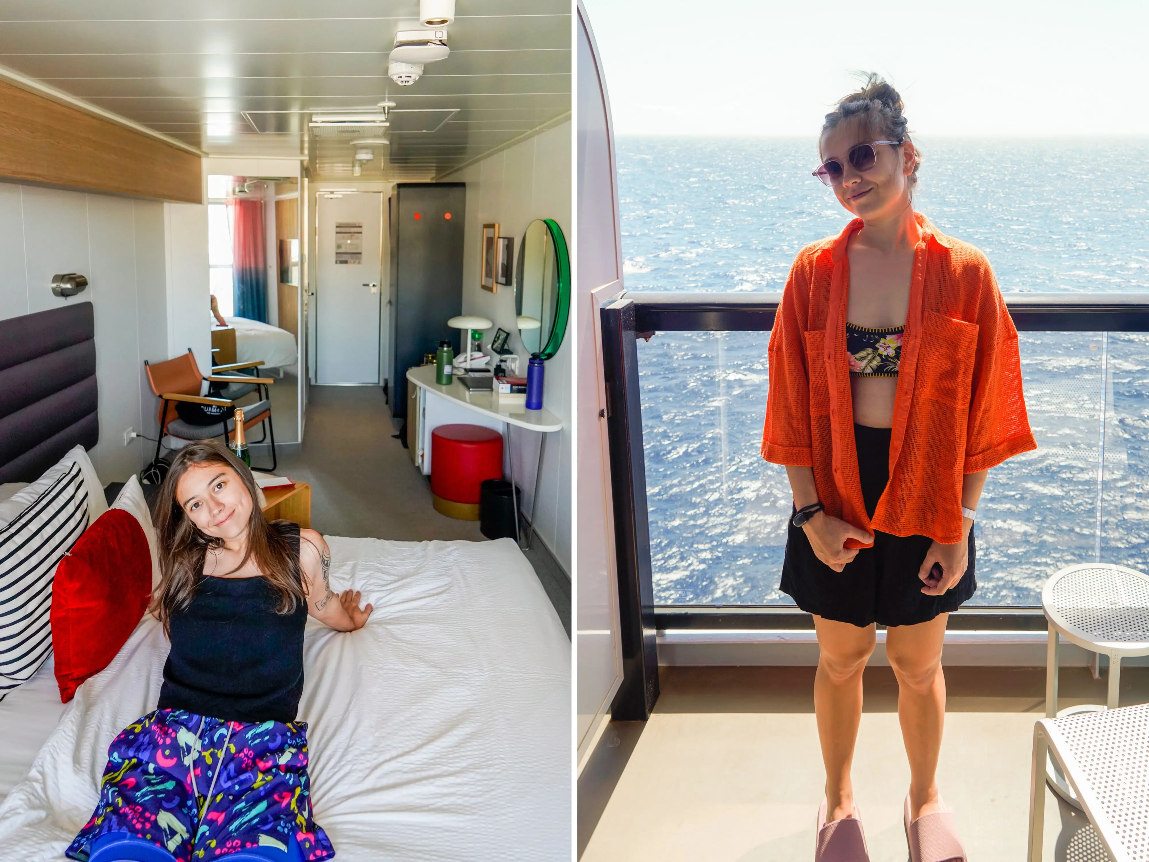 A composite image of the author sitting on a bed in a cruise ship cabin and standing on the cabin's balcony with the ocean in the background