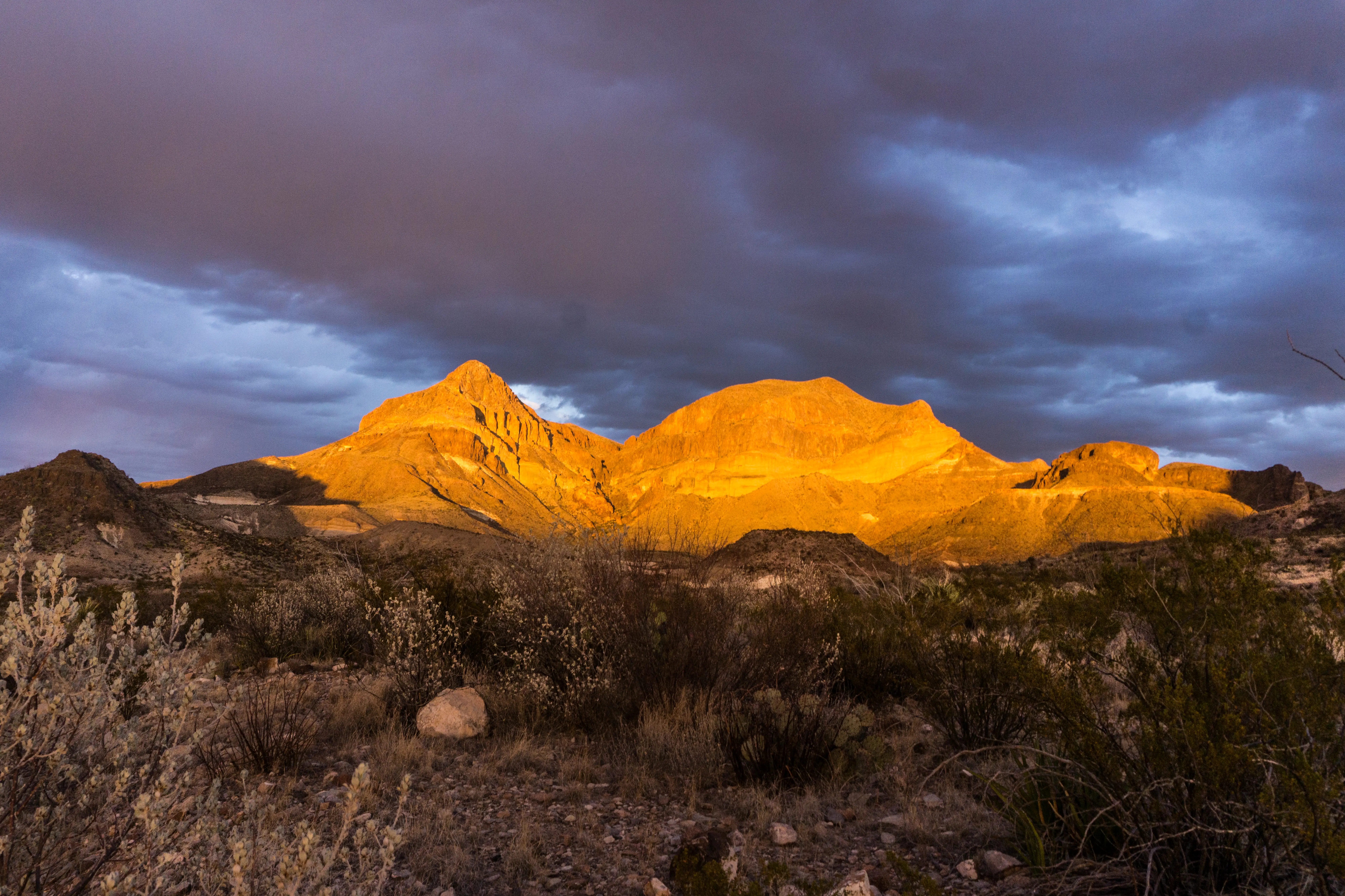 Big Bend mountains at sunset under gray clouds
