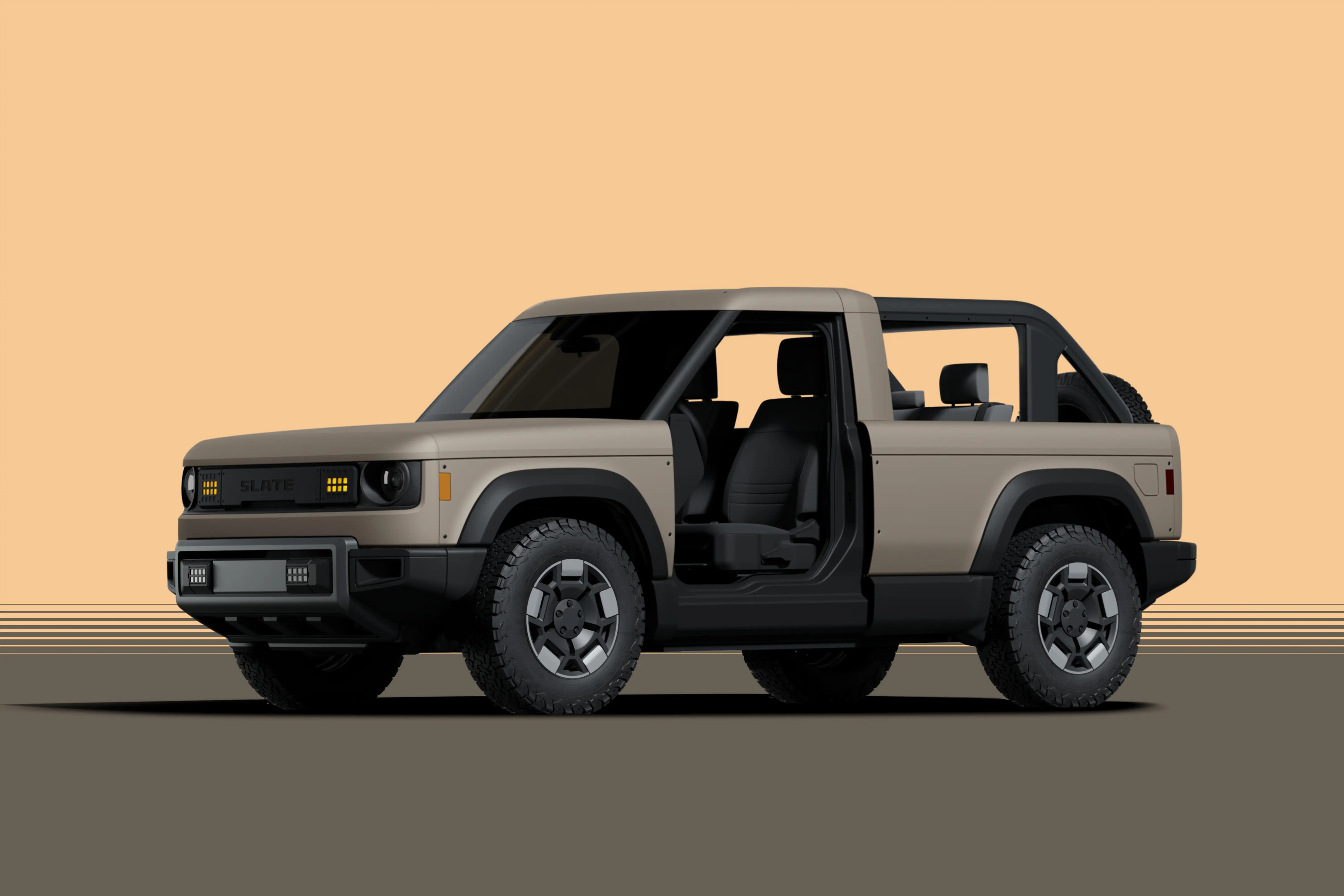 A mock-up of a Slate EV pickup that's been converted to an SUV.