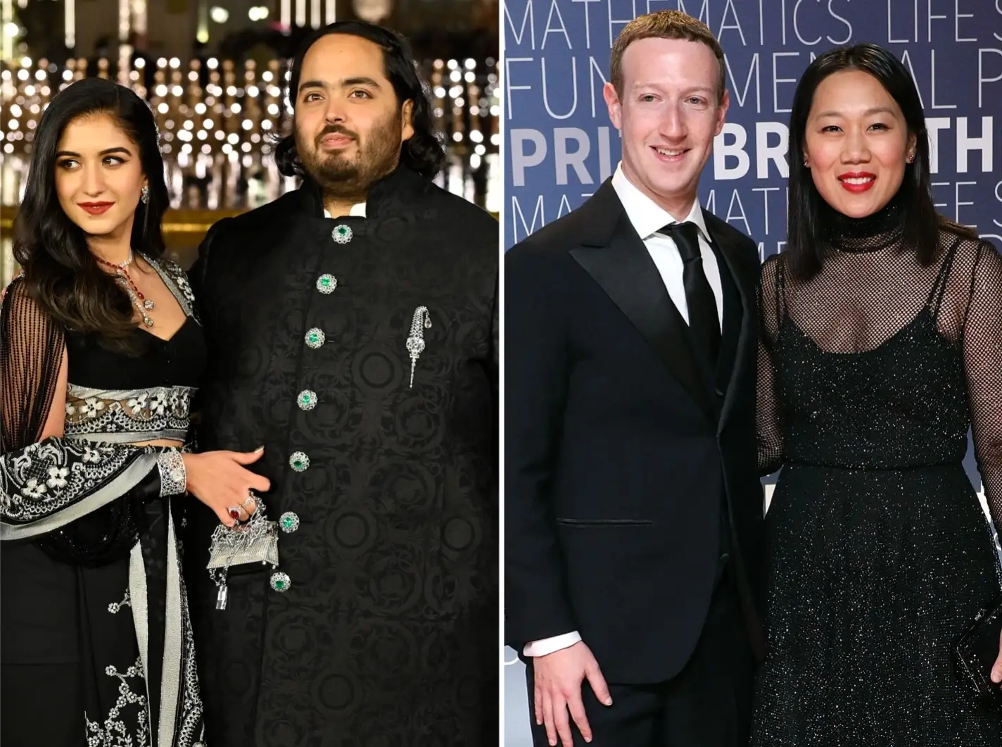 Radhika Merchant poses with Anant Ambani in Mumbai (left) and Mark Zuckerberg poses with Priscilla Chan in Mountain View, California (right).