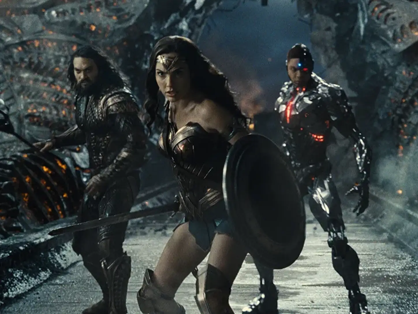 jason momoa, gal gadot and ray fisher in zack snyder's justice league