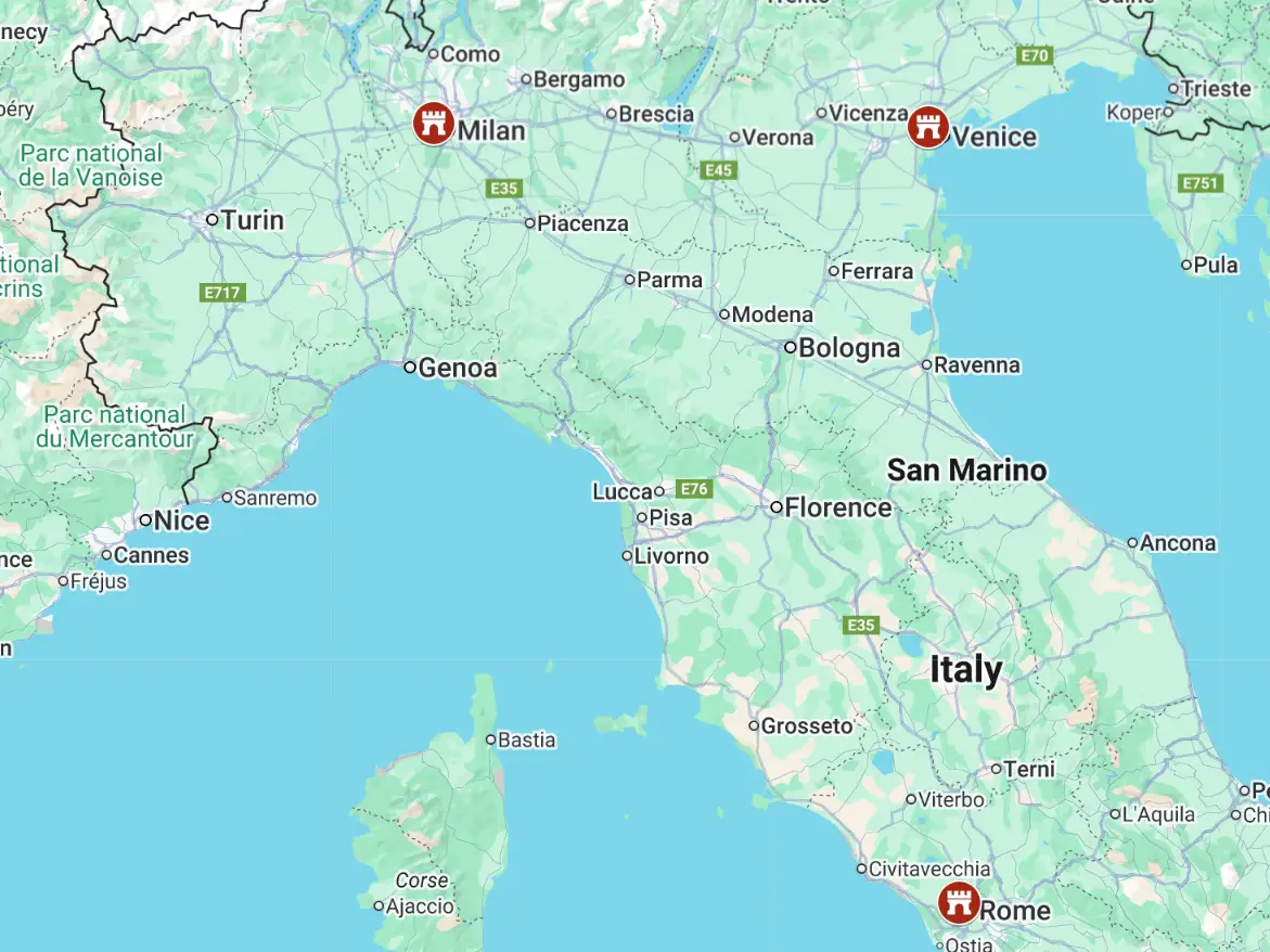 A map of italy with markers on Venice, Rome, and Milan