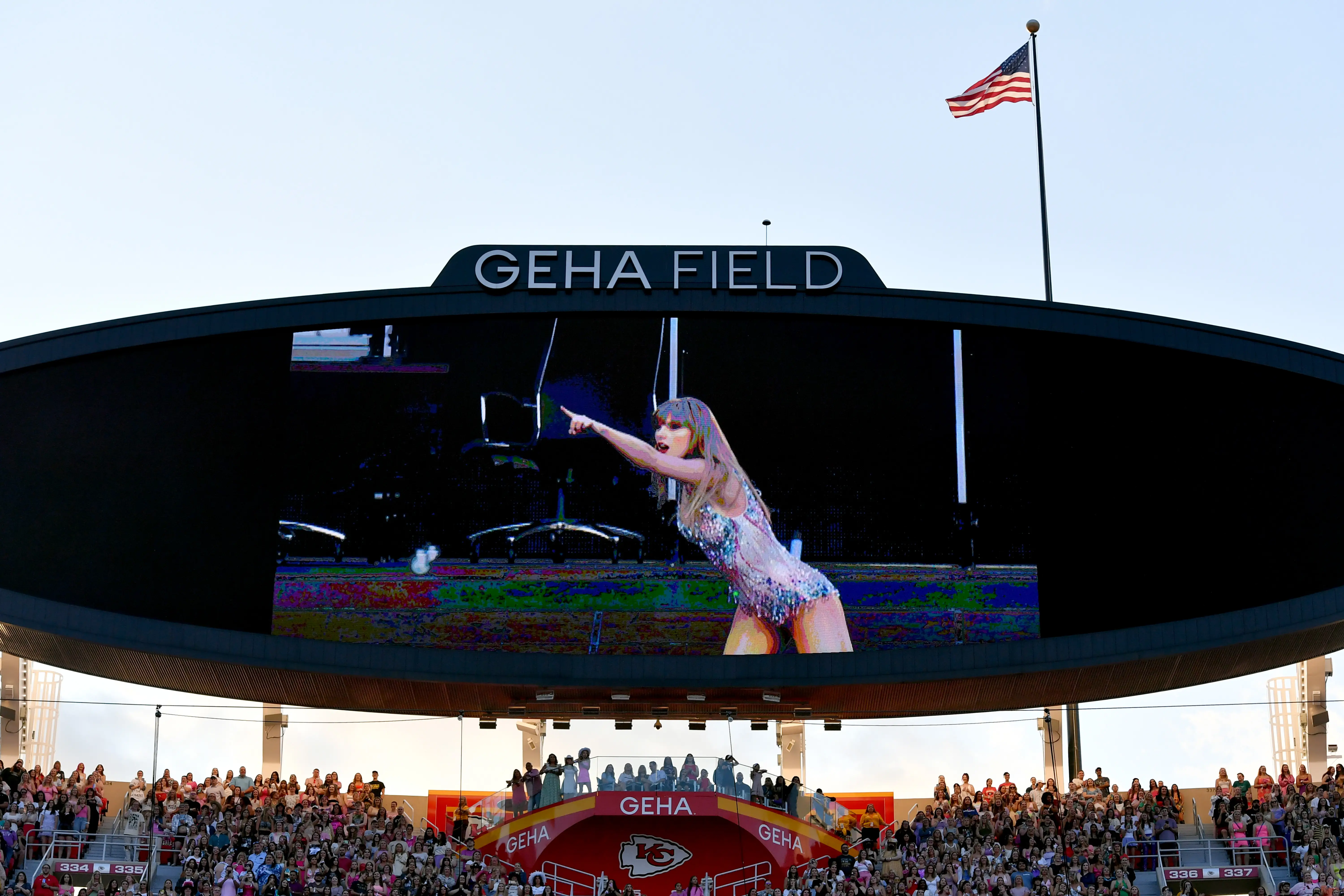 Taylor Swift performs during the Eras Tour on July 8, 2023, at Arrowhead Stadium.