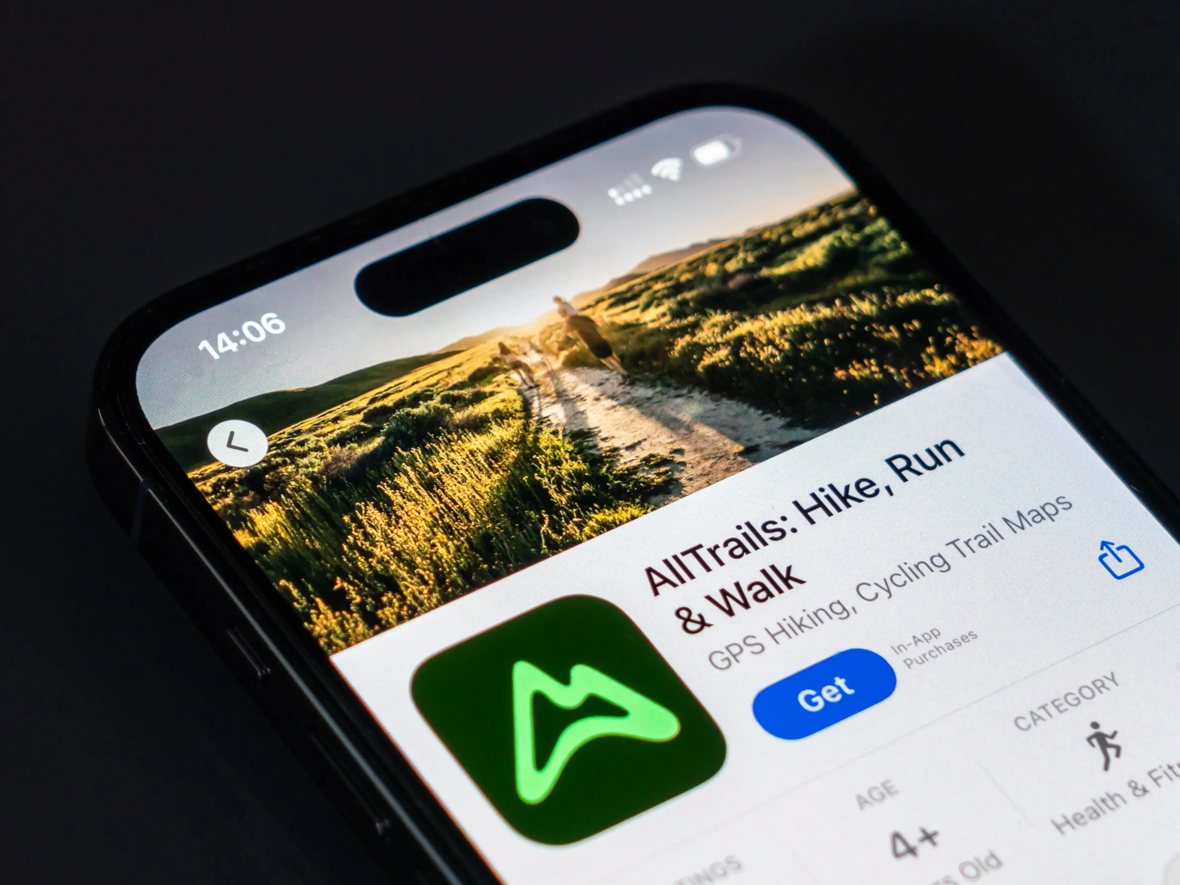 The AllTrails app on a cell phone.