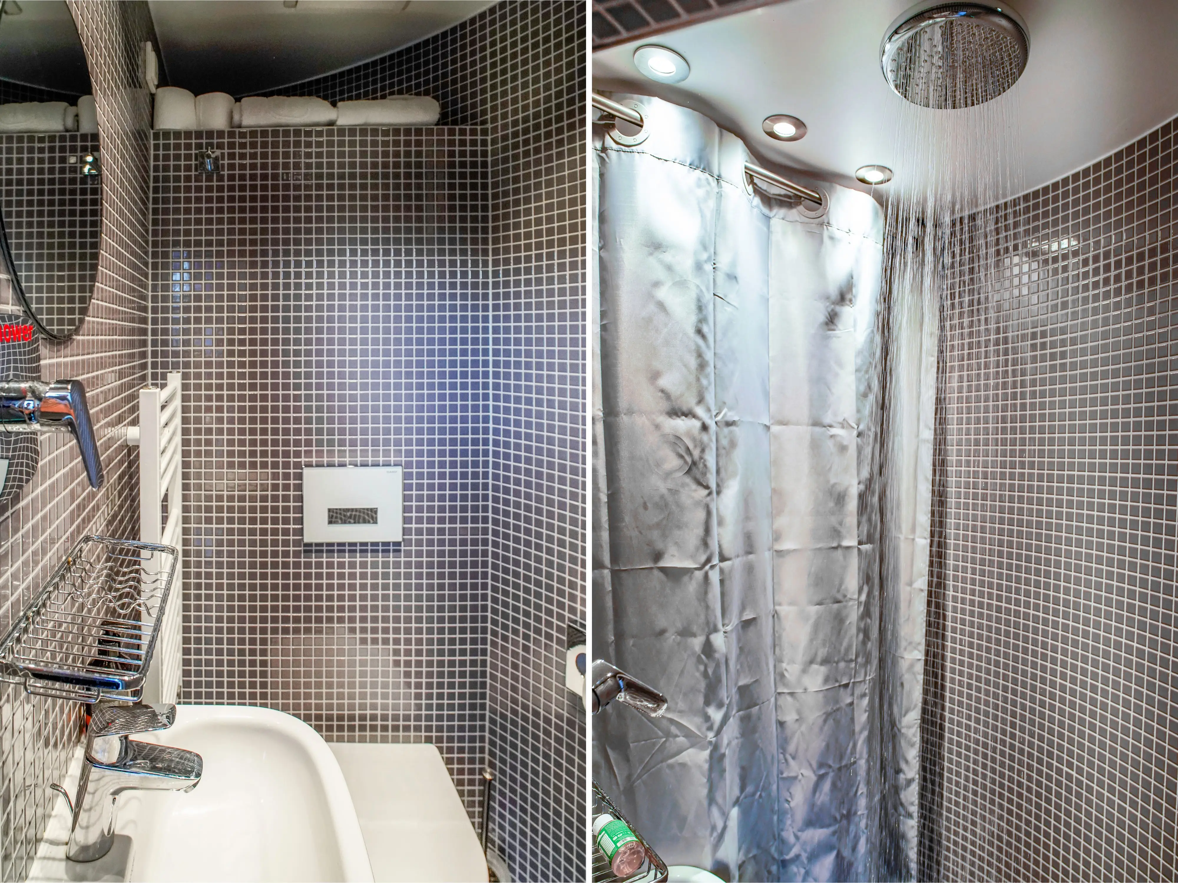 A composite image of the sink and shower in a tiny bathroom