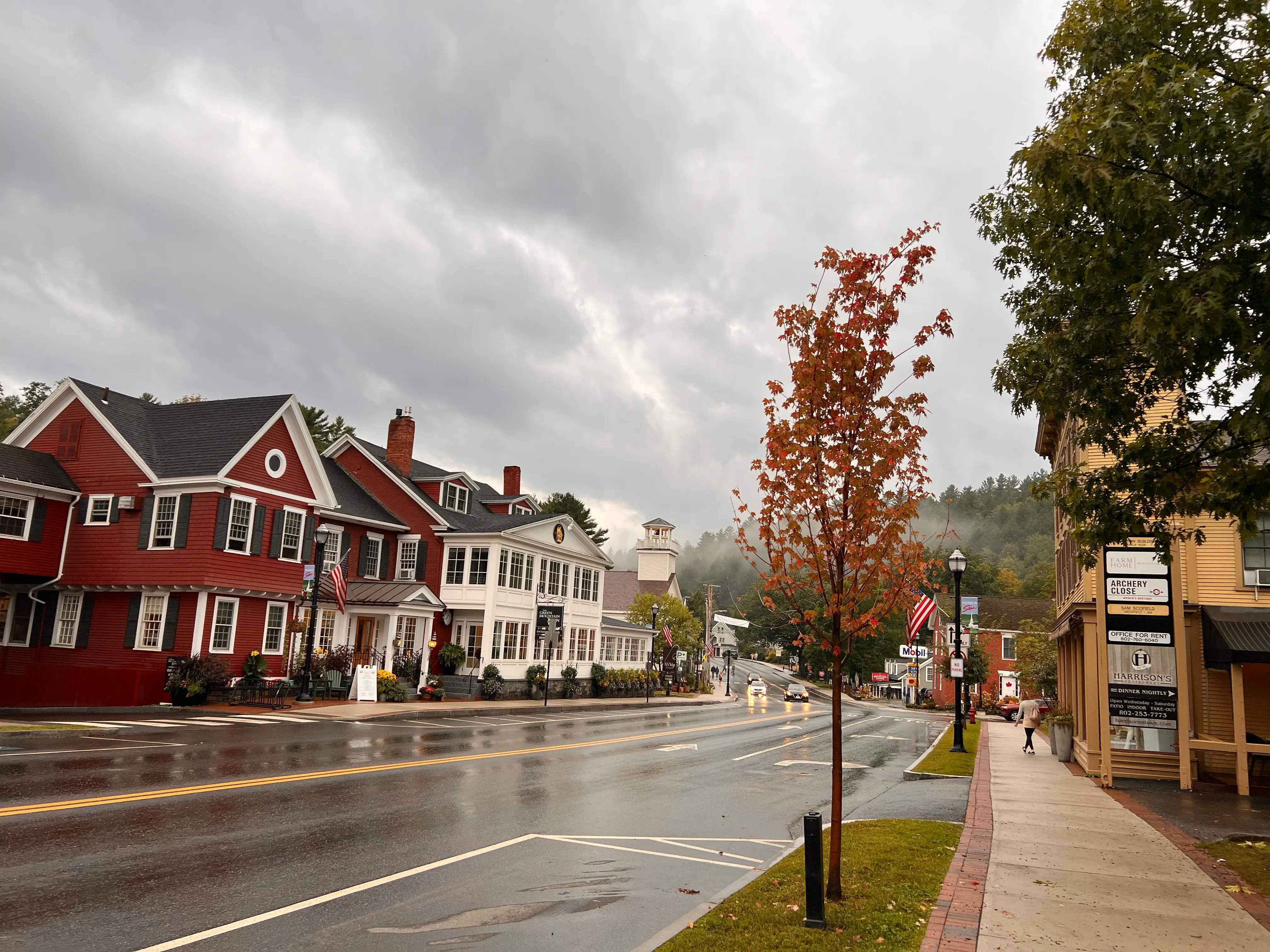 A charming downtown area on a rainy day.