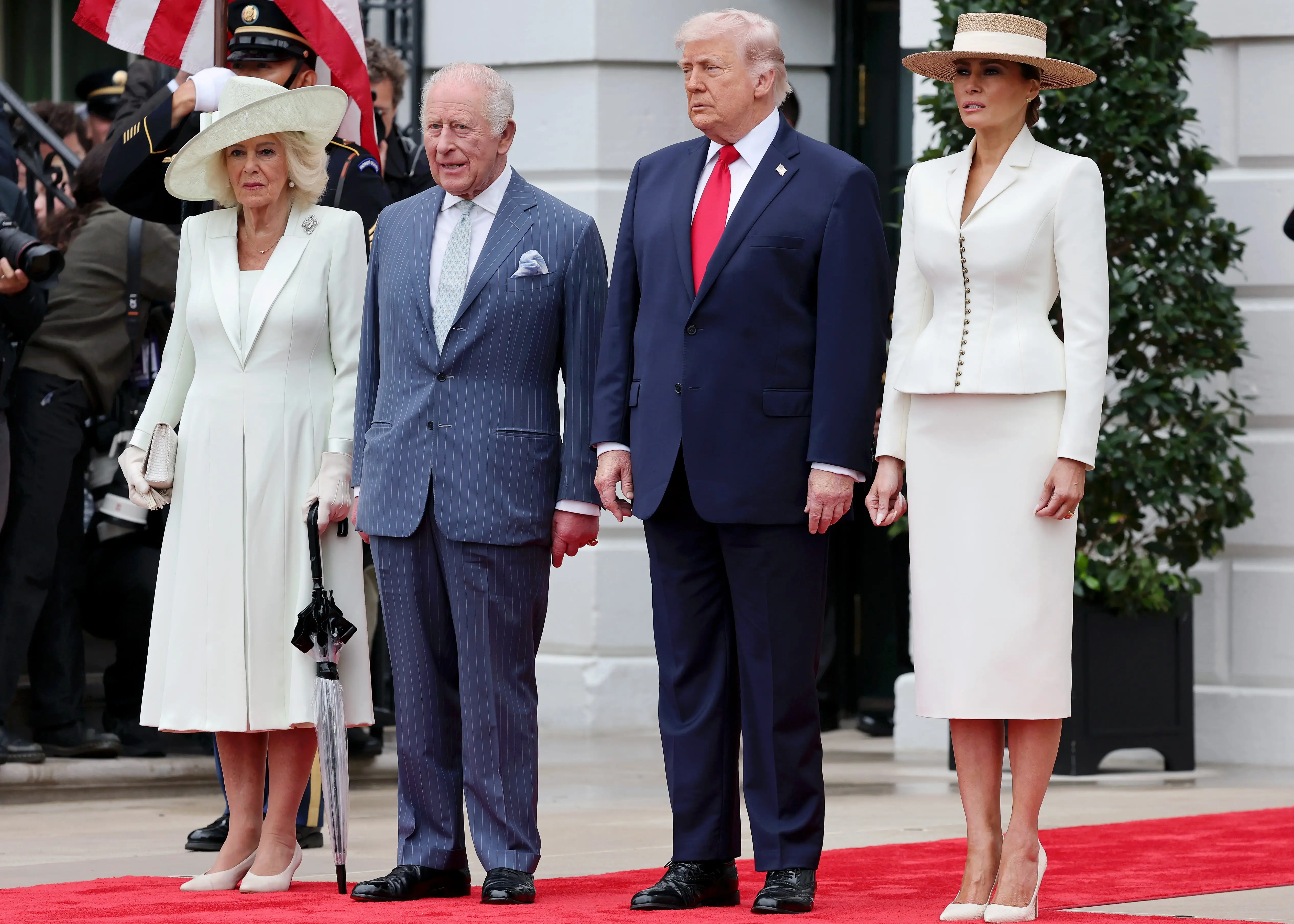 Queen Camilla, King Charles, Donald Trump, and Melania Trump at the White House in April 2026.