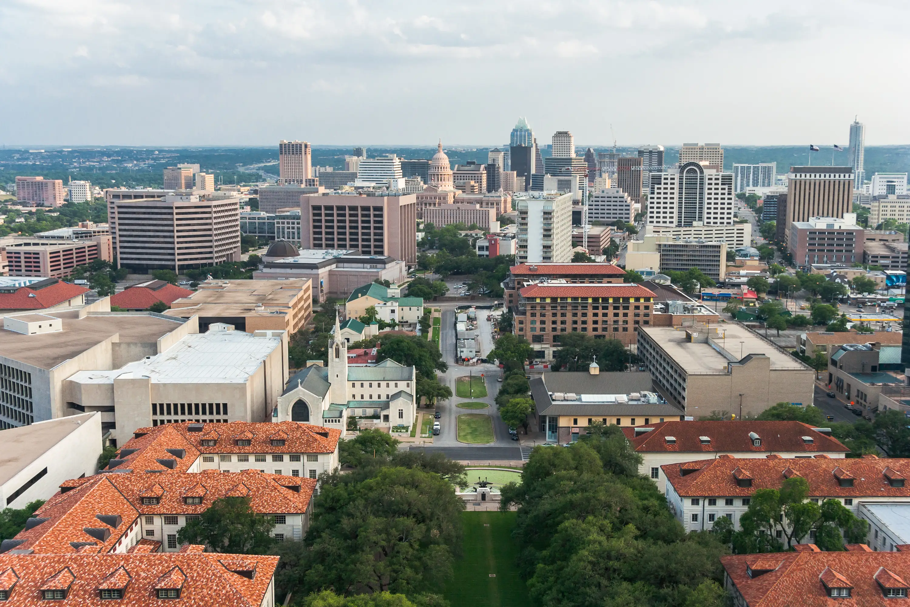 Aerial Panorama of Downtown Austin and Texas State Capitol From UT Austin Main Building (Tower)