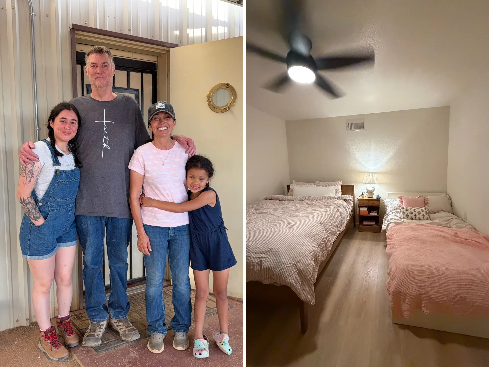 A side-by-side of a family of four standing in front of a garage and a room with two beds.