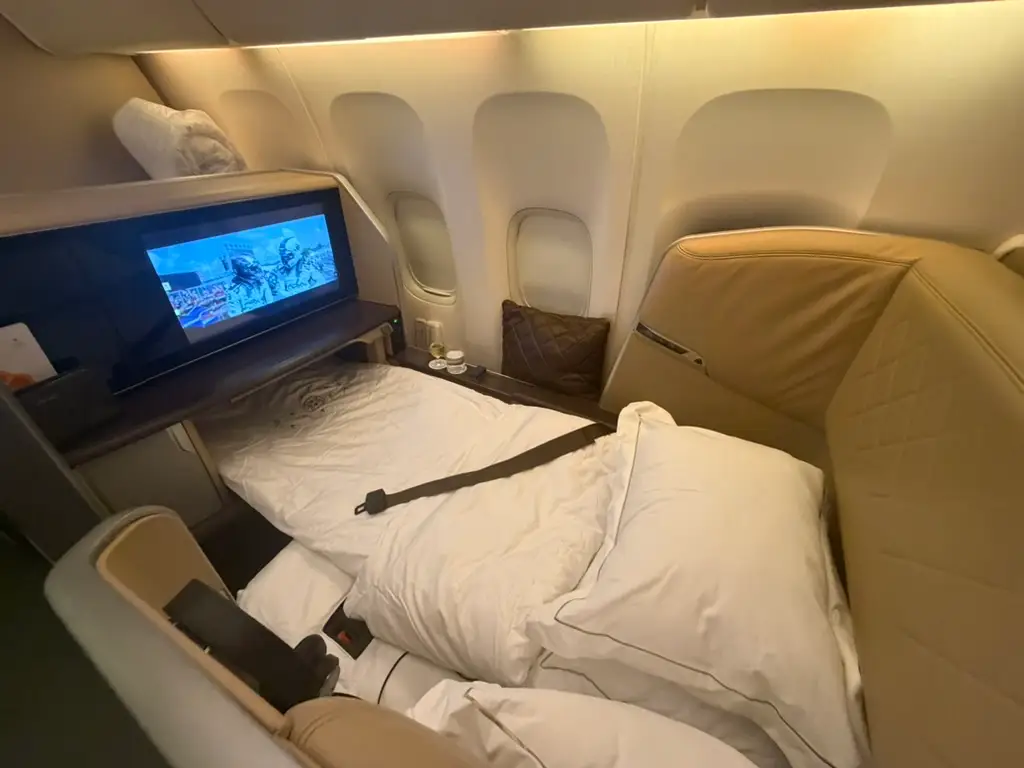 Bed set up in first class on Singapore Airlines