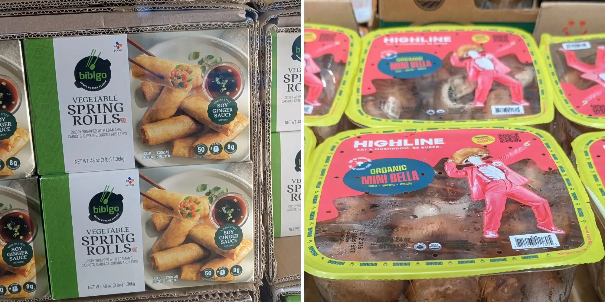 A split image of the Bibigo vegetable spring rolls and Highline organic mini bella mushrooms.