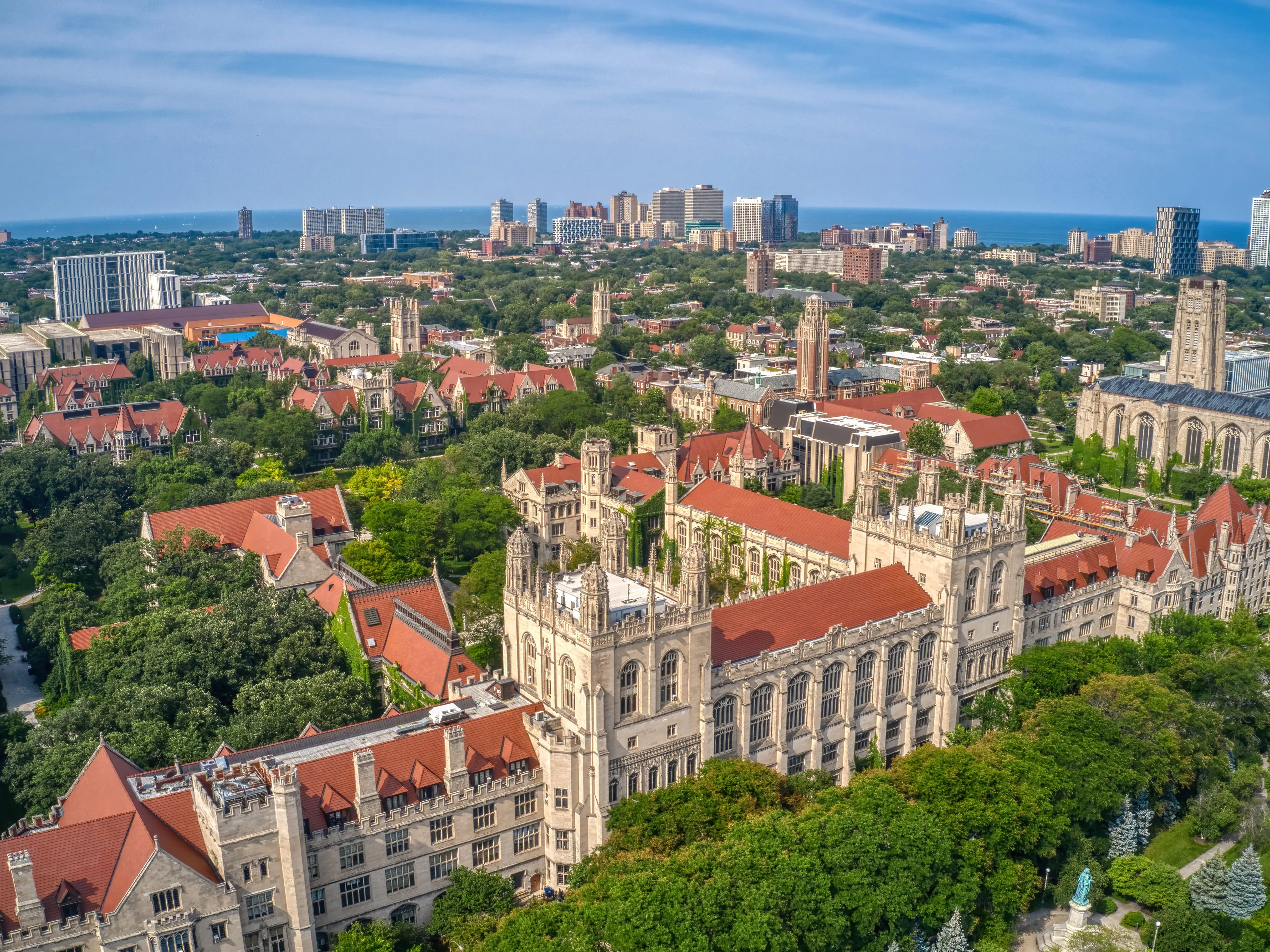 Aerial View of a large University in the Chicago Neighborhood of Hyde Park
