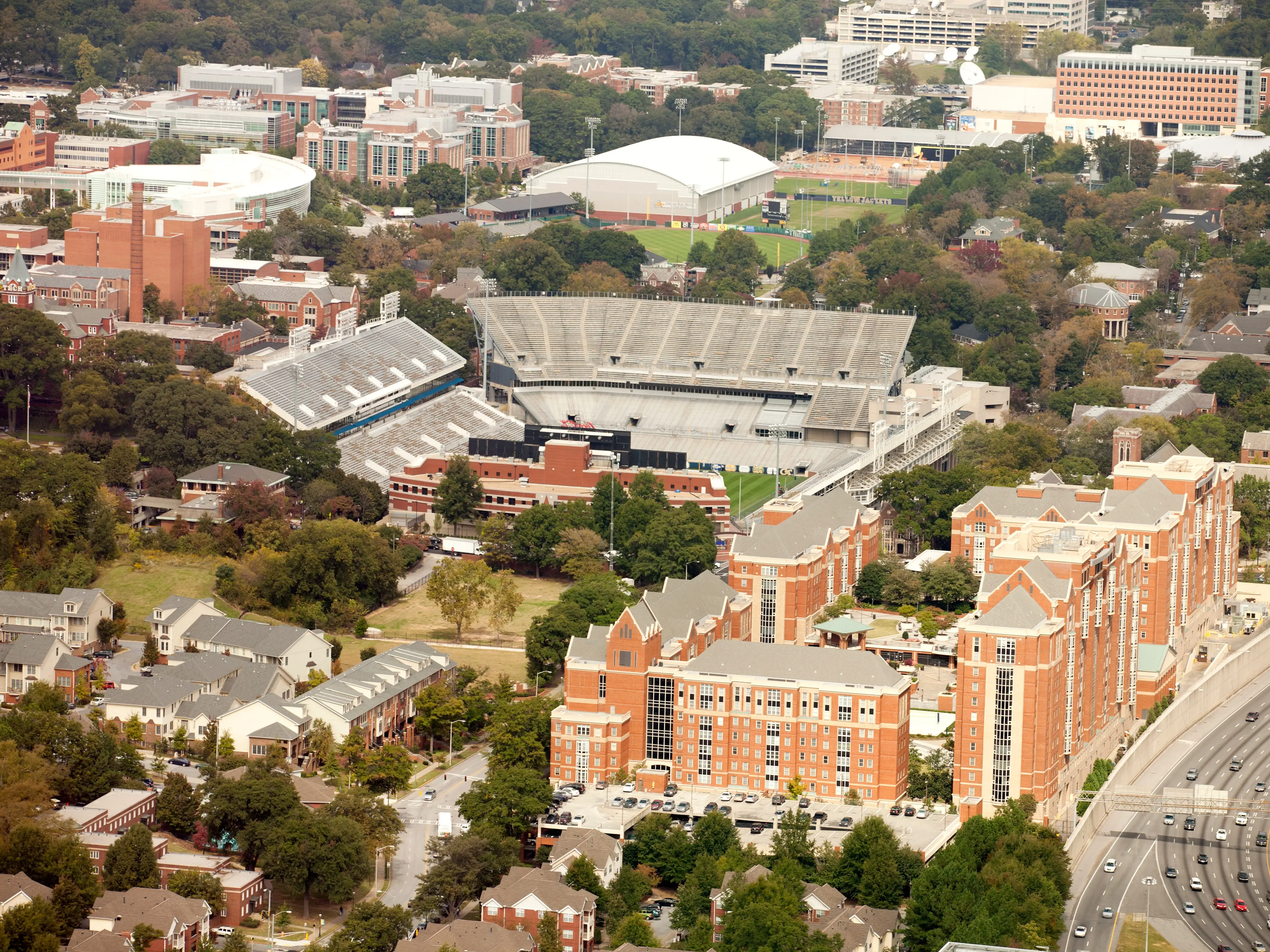 Aerial view of the campus of Georgia Institute of Technology and Bobby Dodd Stadium, football stadium at Grant Field in Atlanta, Georgia. The stadium is home to the Georgia Tech Yellow Jackets.