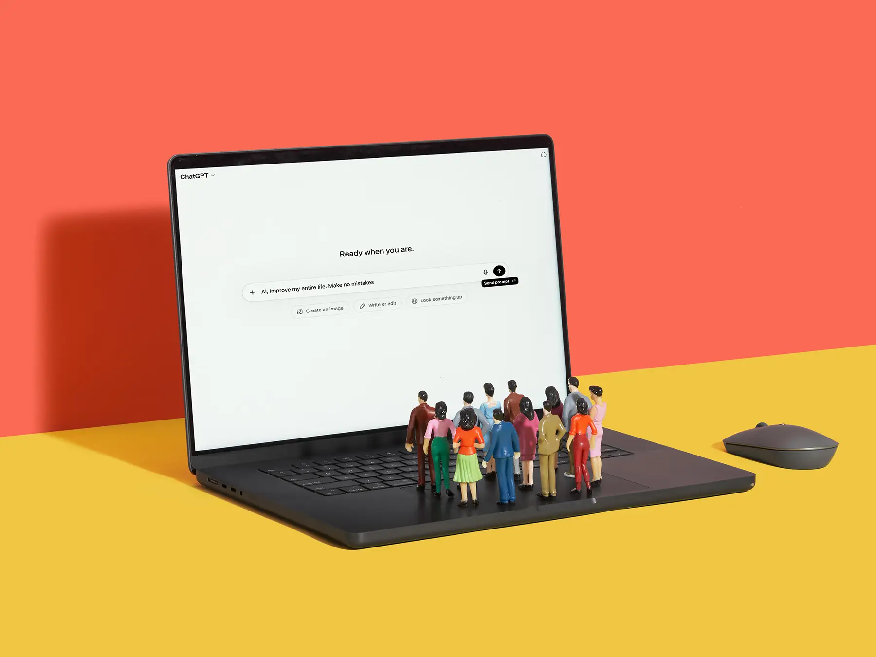 Miniature people on a laptop track pad with ChatGPT on the screen.