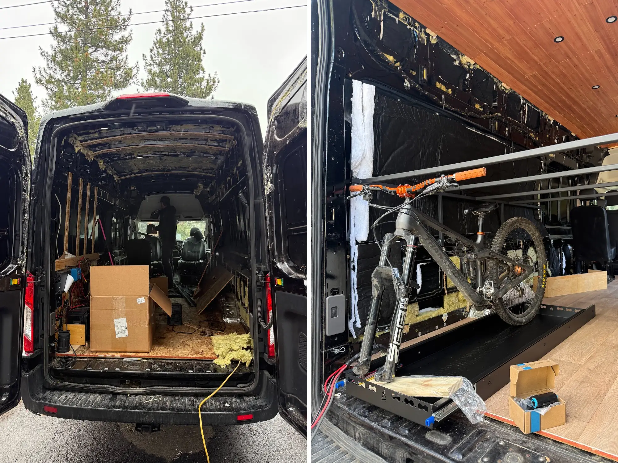 A side-by-side of a van under construction on the inside and a bike rack inside the van.