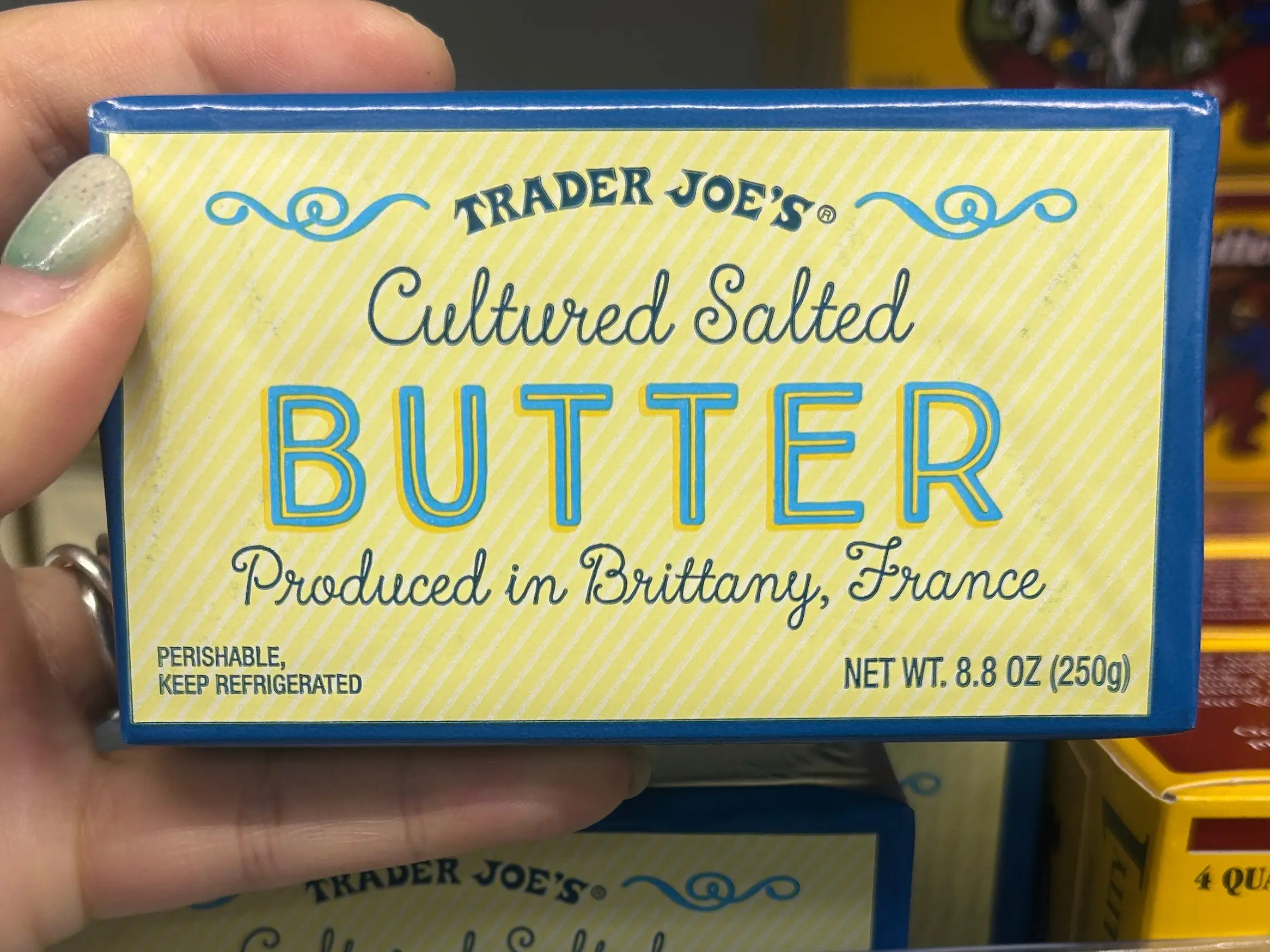 A container of Trader Joe's cultured salted butter.
