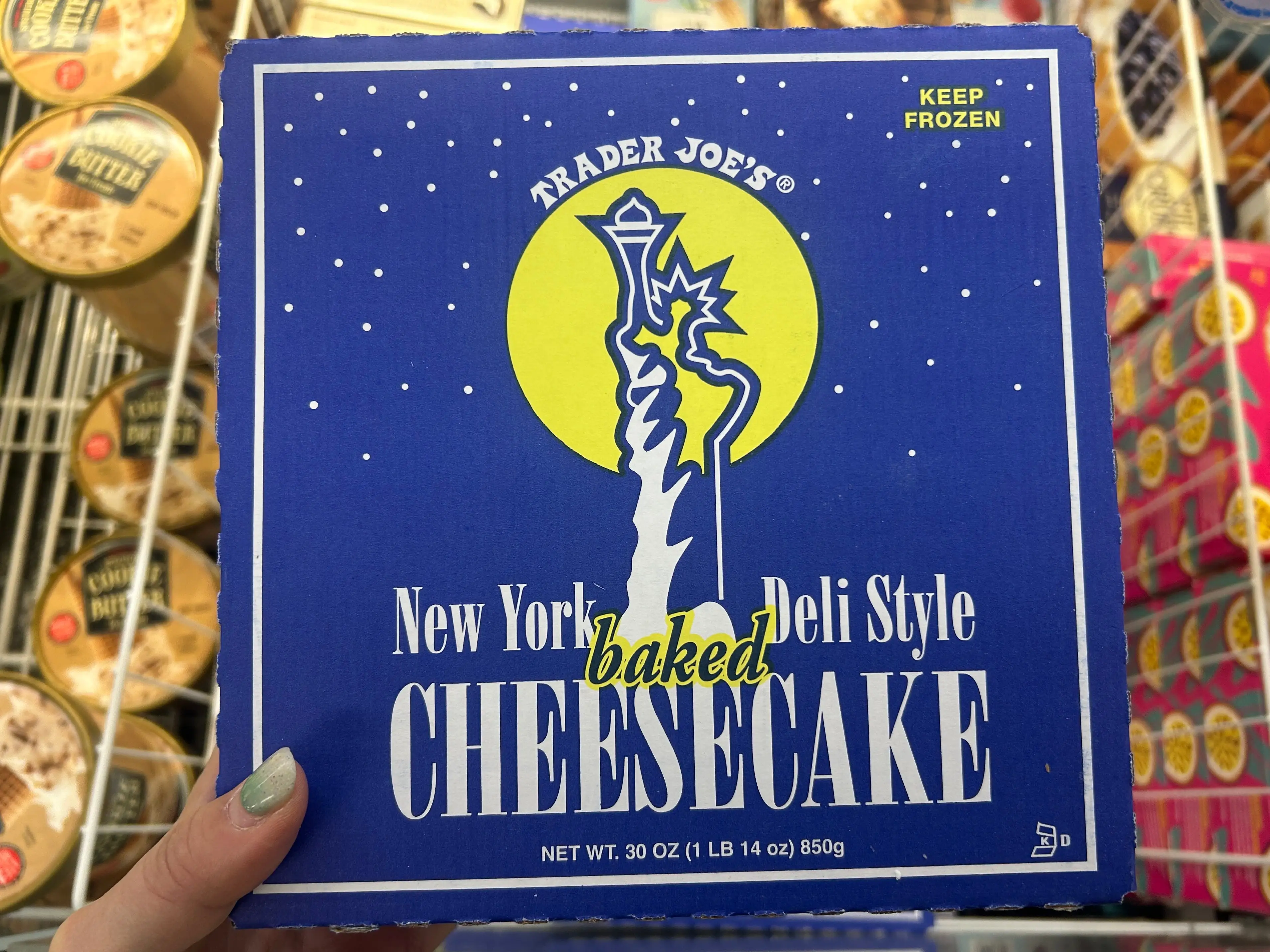 A box of the Trader Joe's New York deli-style cheesecake.