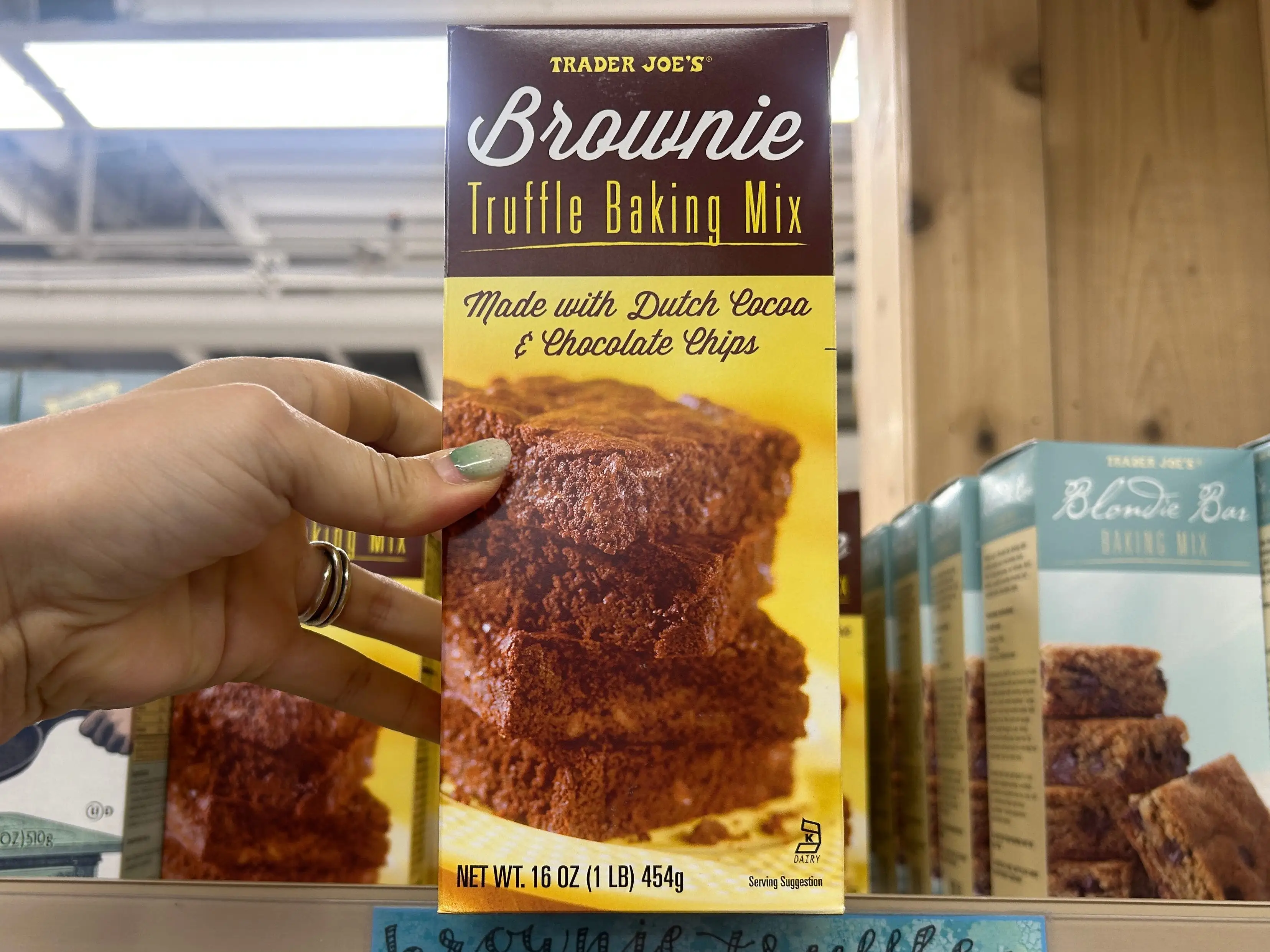 A box of Trader Joe's brownie truffle baking mix.