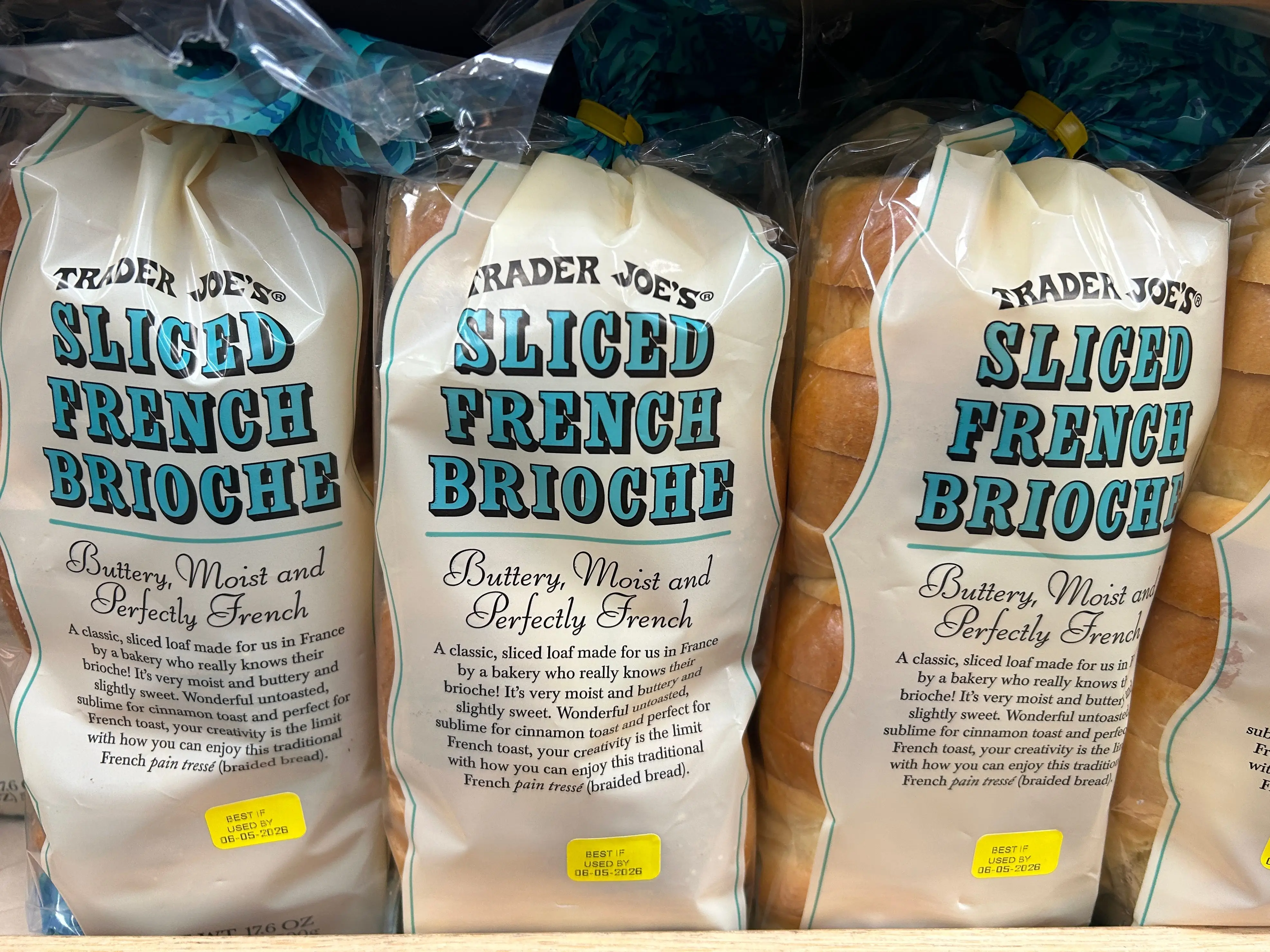 Several loaves of Trader Joe's sliced French brioche bread.