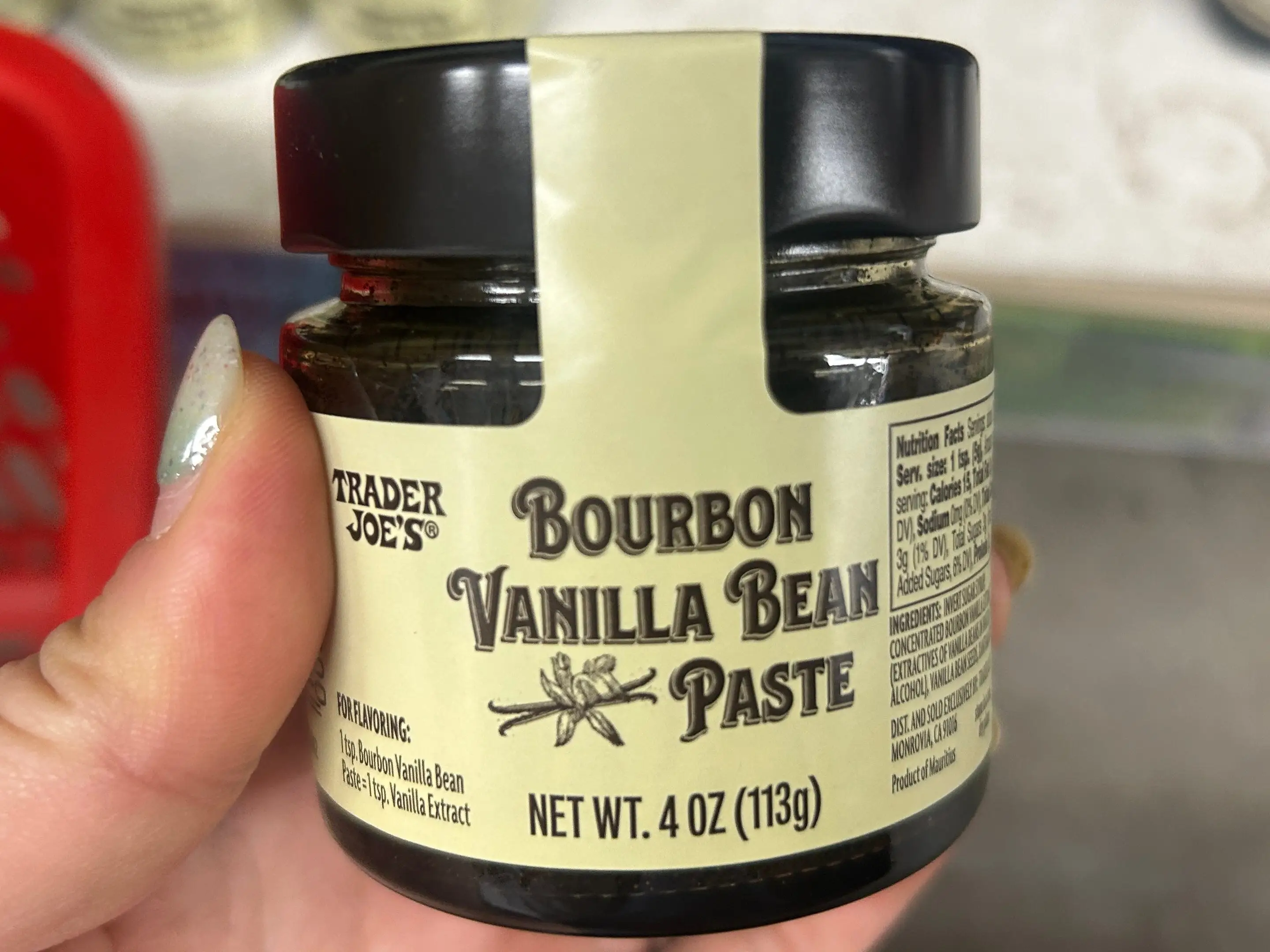 A jar of Trader Joe's bourbon vanilla bean paste.