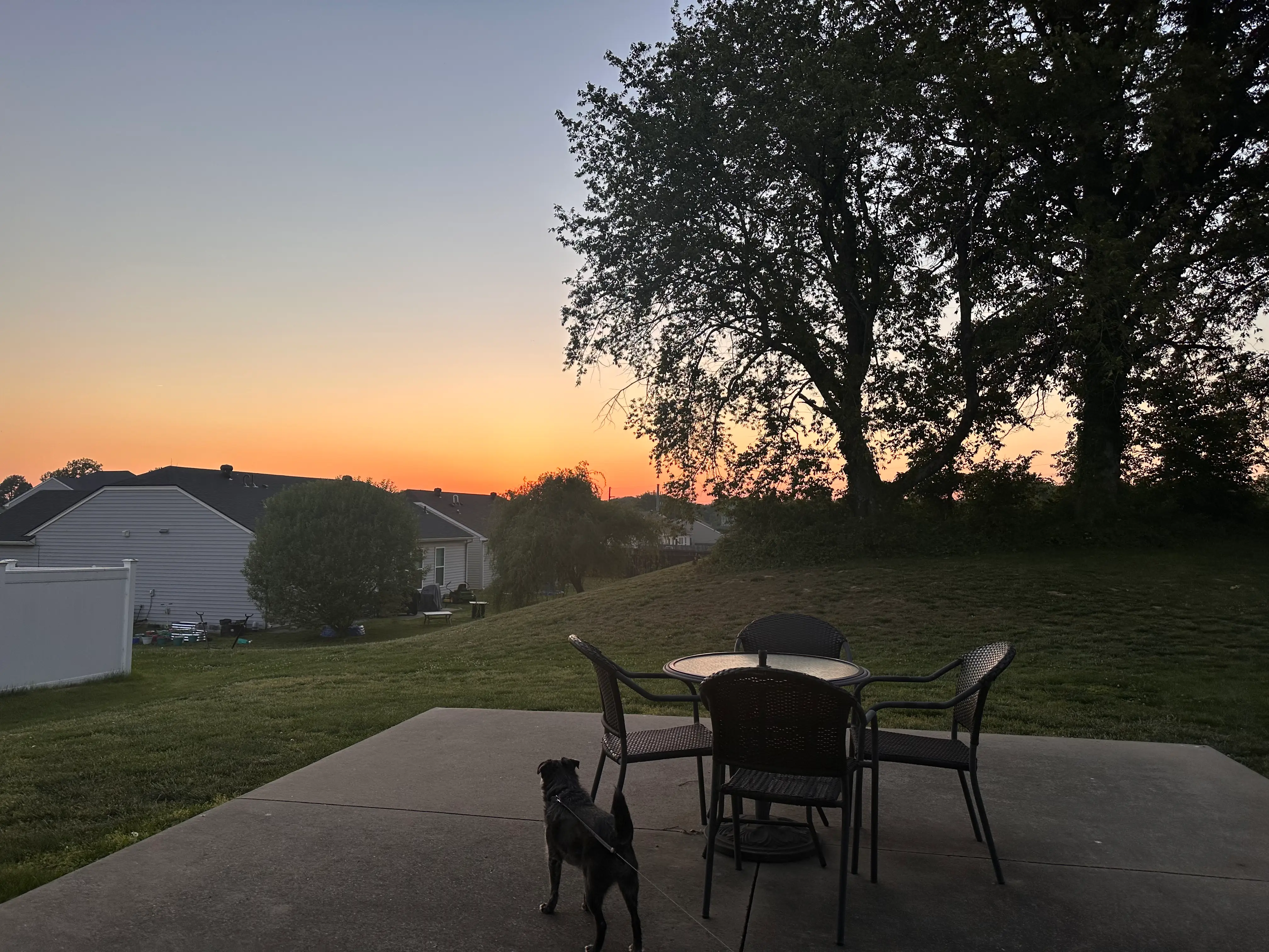 View of sunset from backyard with seating area on concrete nearby