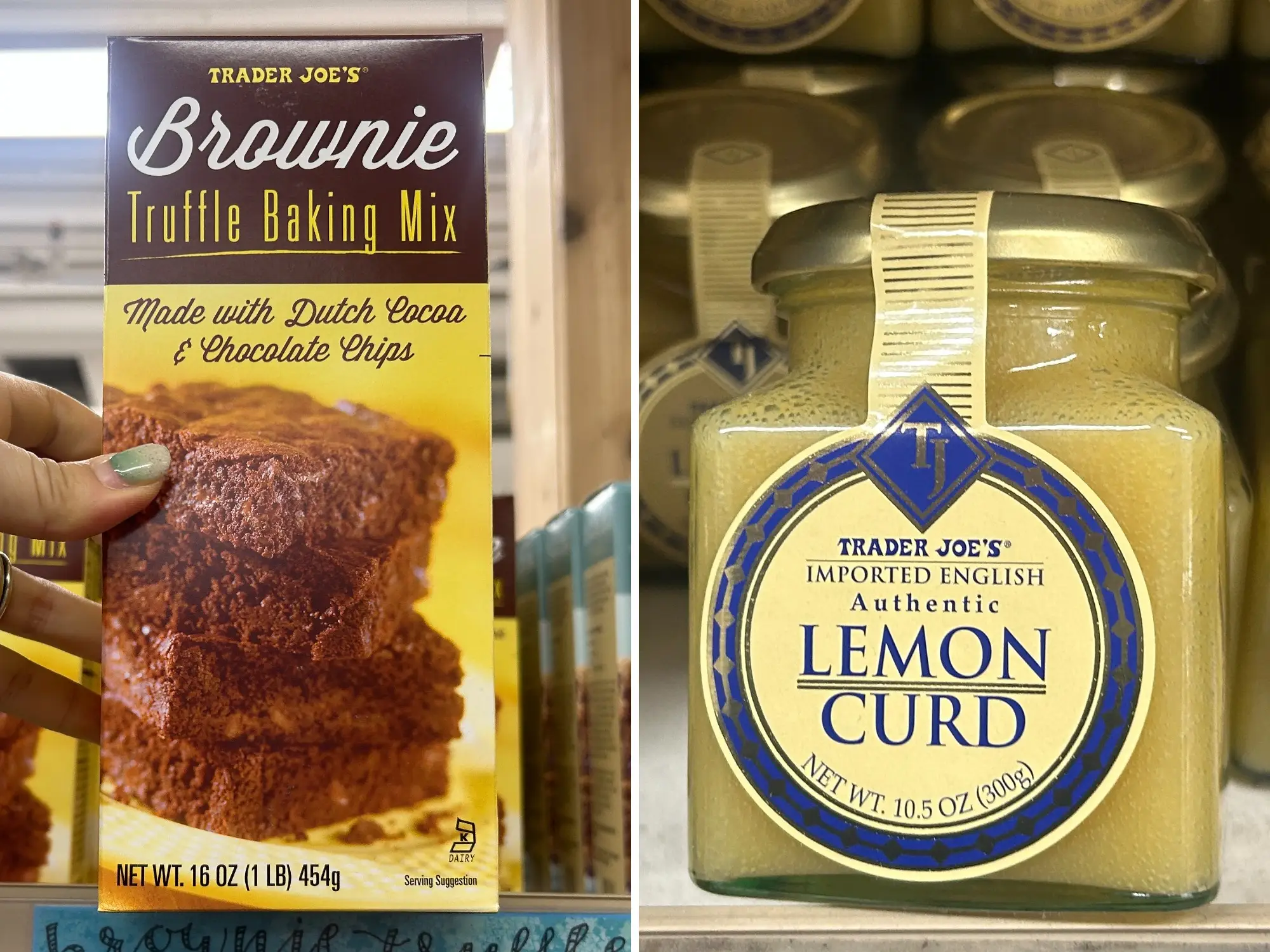 A side-by-side image of Trader Joe's brownie truffle baking mix and Trader Joe's authentic imported English lemon curd.