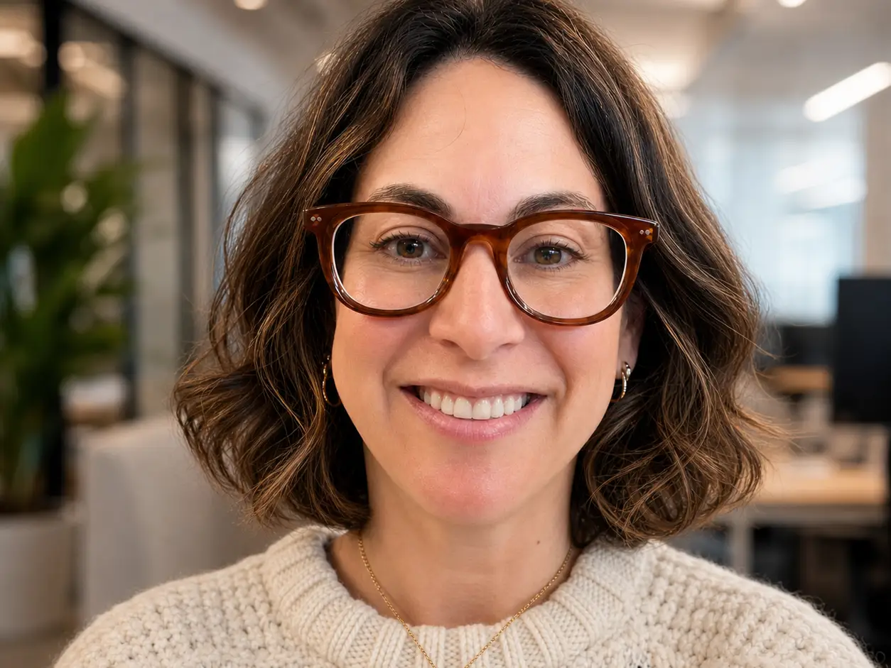 An AI-generated image shows a woman wearing brown glasses and a cream sweater smiles in an office.