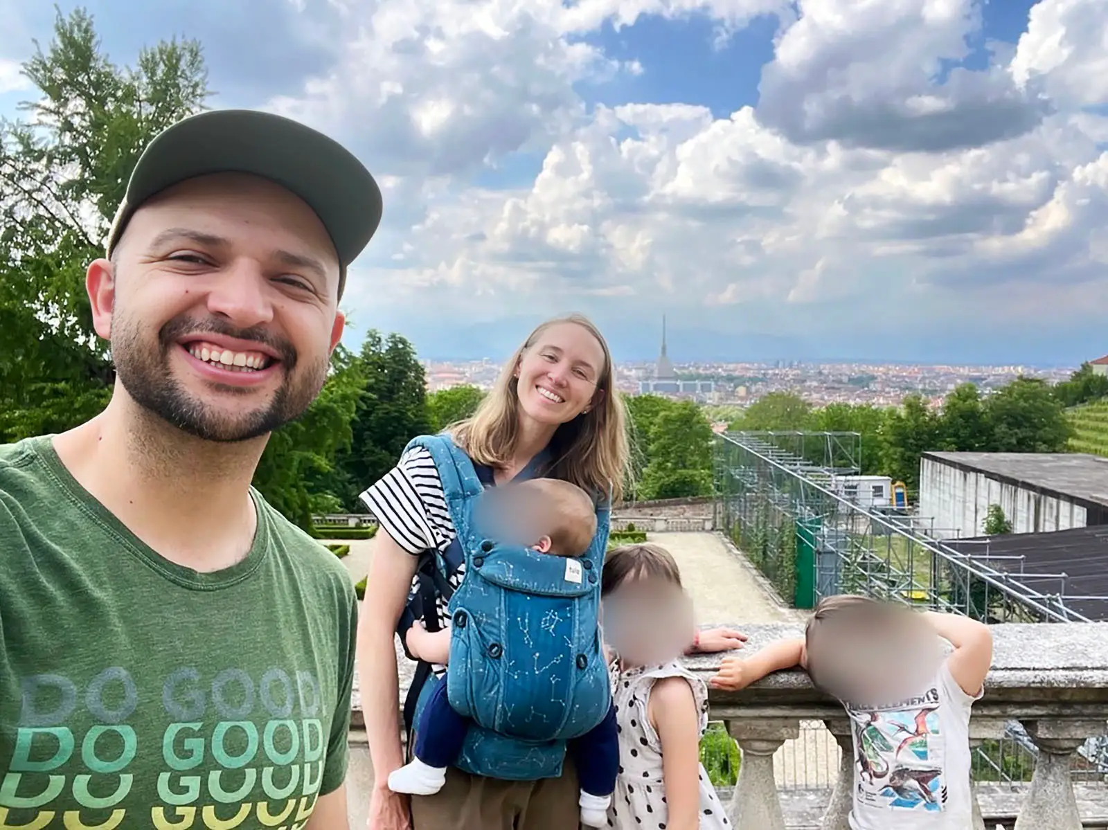 A family posing outside the Villa della Regina in Turin, Italy.