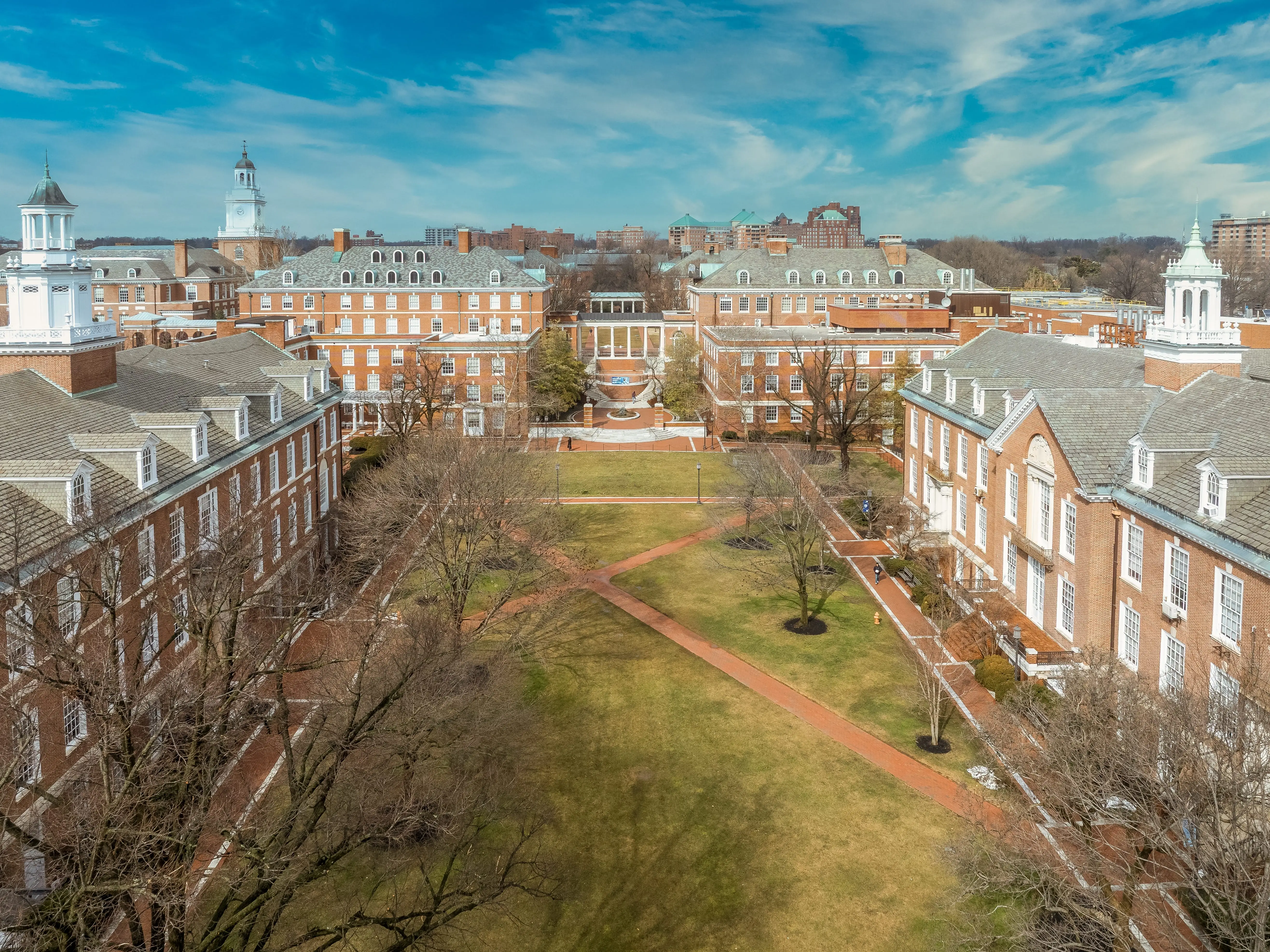 Aerial view of Johns Hopkins University in Baltimore, Georgian and Federal styles, characterized by red brick, white marble trim, and symmetrical layouts