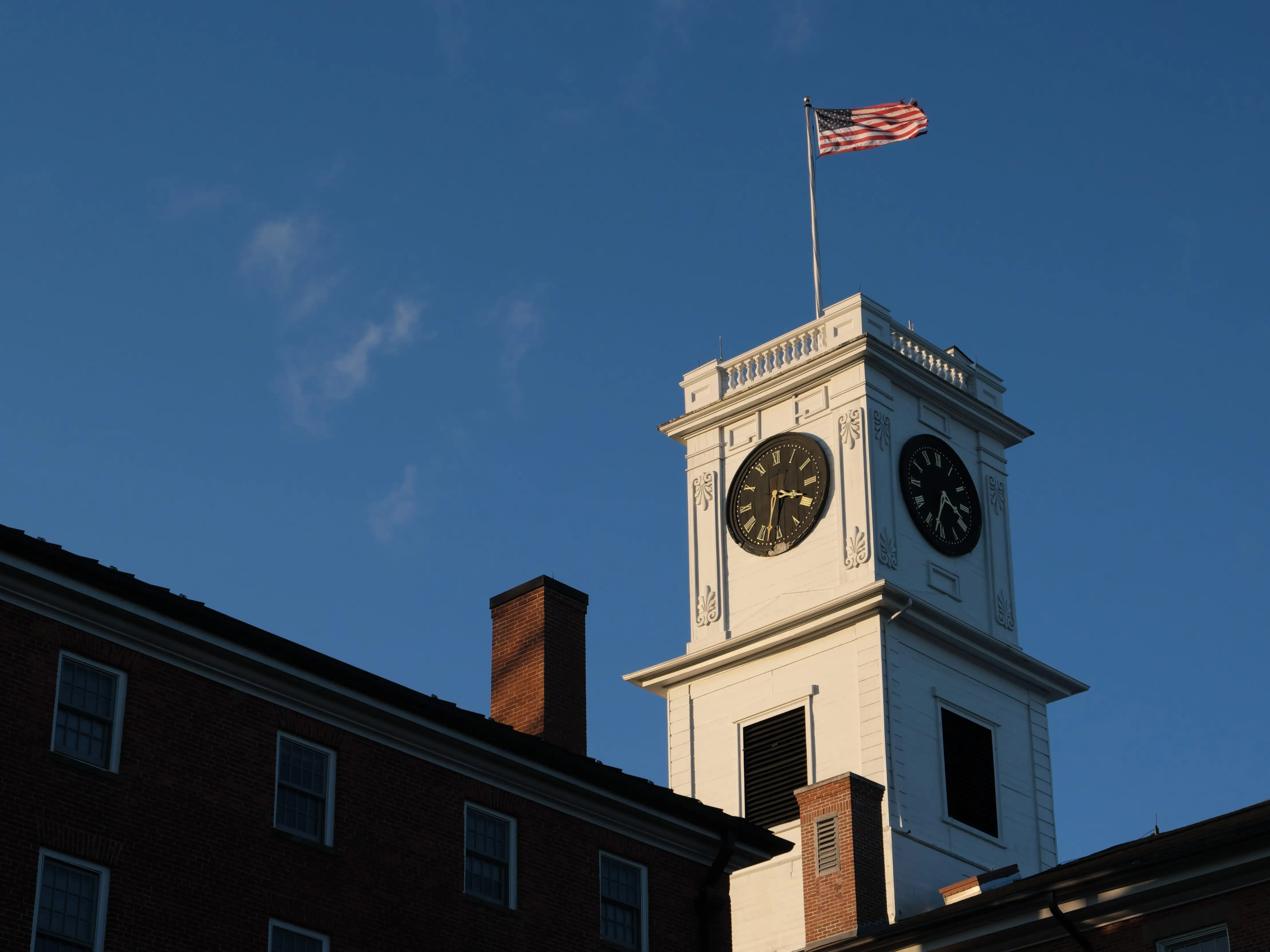 Amherst College Johnson Chapel tower on a sunny day.