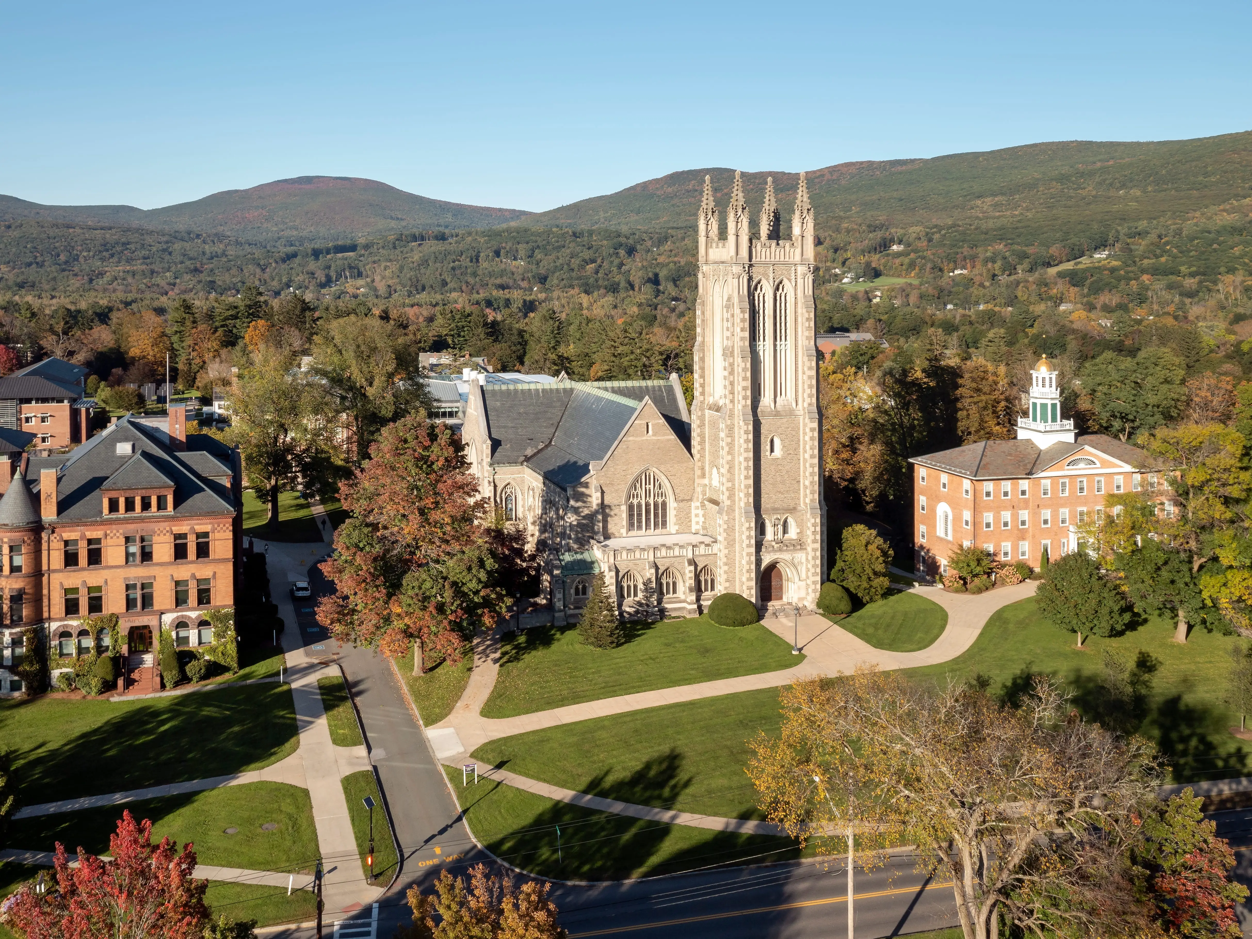 Williamstown, MA. USA - October 8, 2021: Aerial view of the Thompson Memorial Chapel on the campus of Williams College in Williamstown, MA.