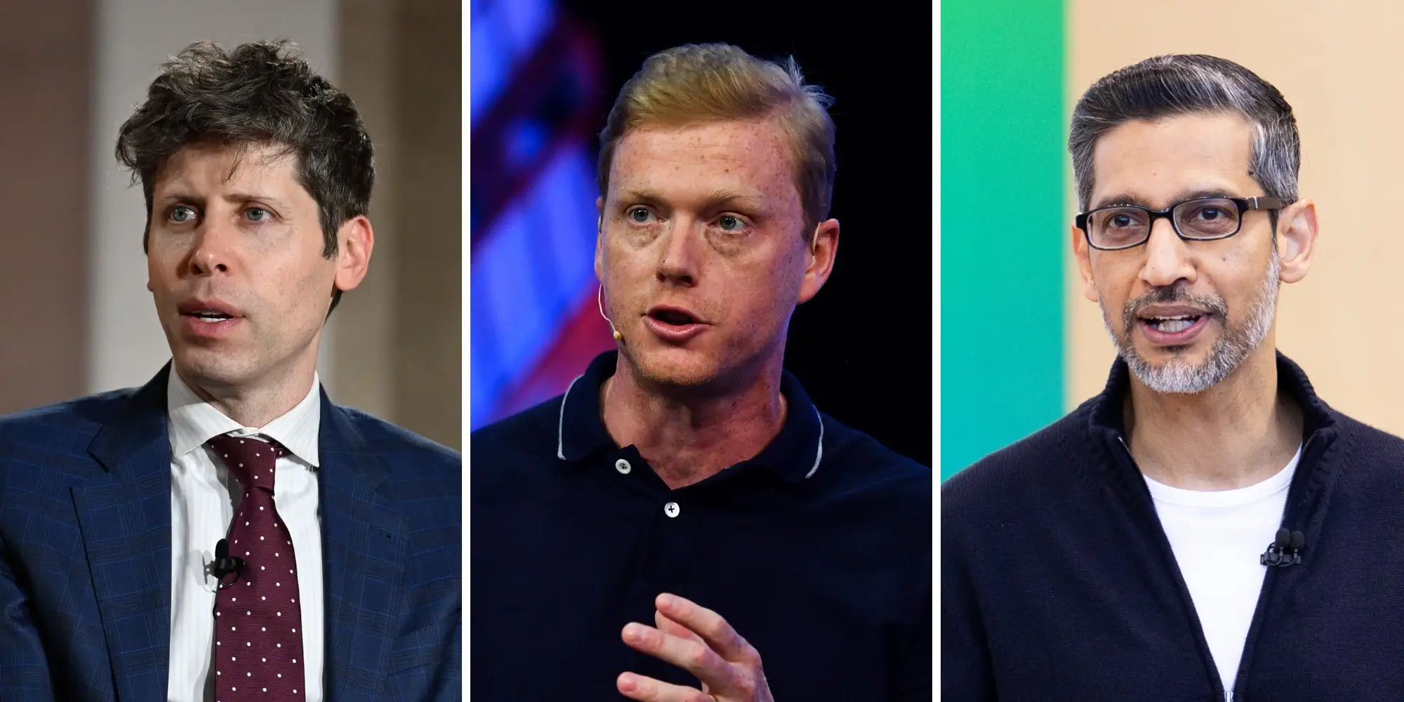 A composite photo of Sam Altman, Andrew Macdonald, and Sundar Pichai