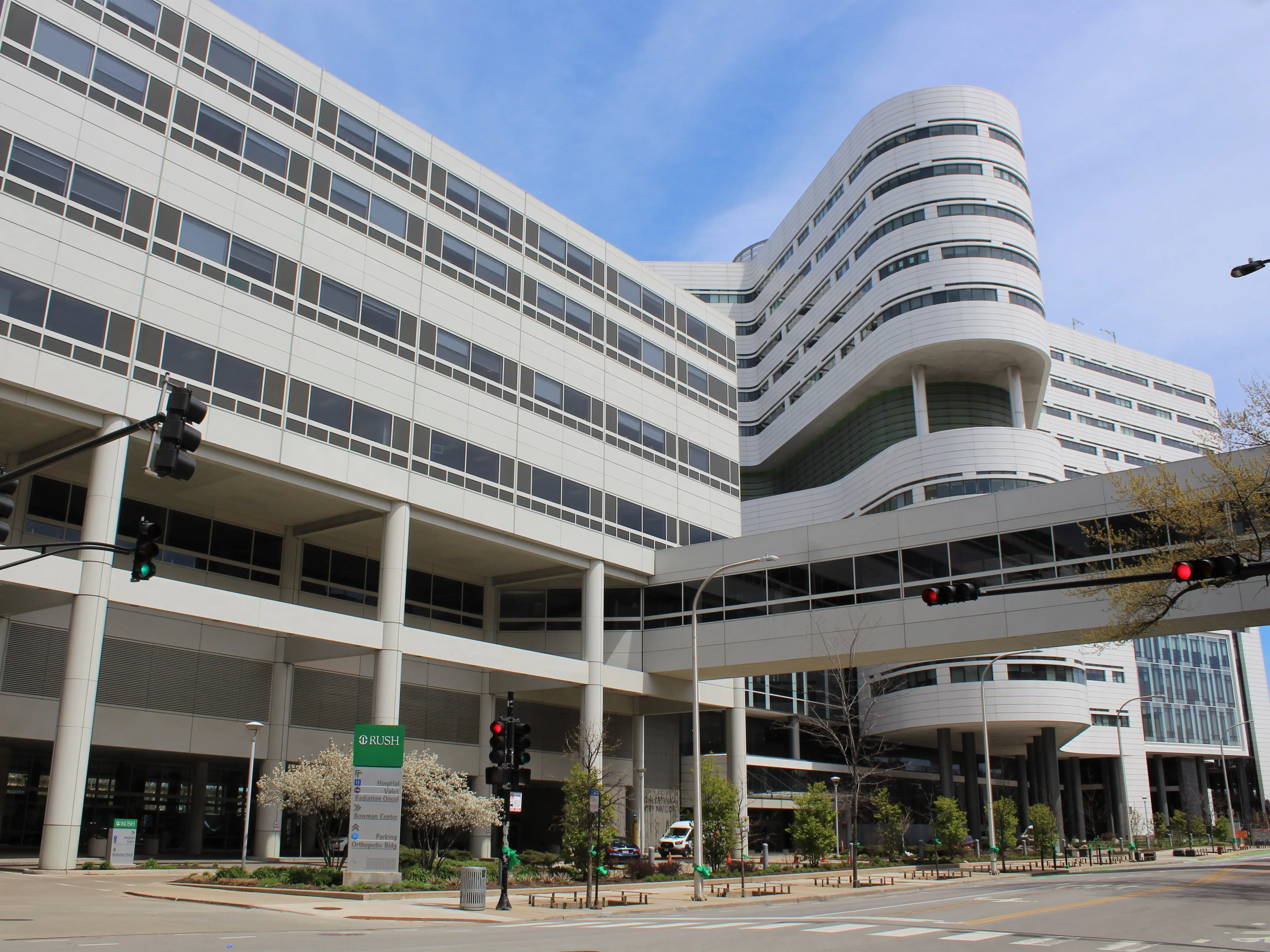 CHICAGO - APRIL 2020: Rush University Medical Center in April 2020 in Chicago. The state-of-the-art teaching hospital opened in 2012 and was designed to accommodate a large surge event like COVID-19.