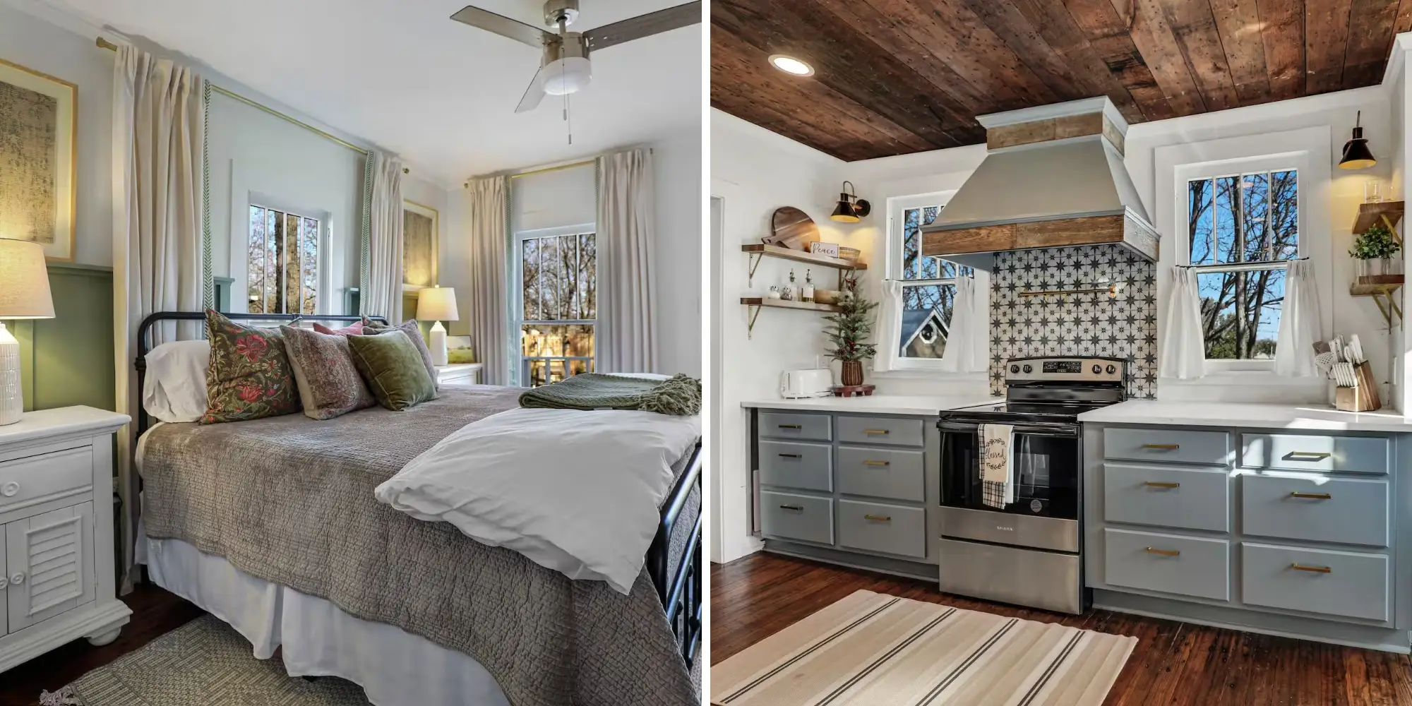 Side by side photos of the inside of a home. One is a bedroom and the other is the kitchen.
