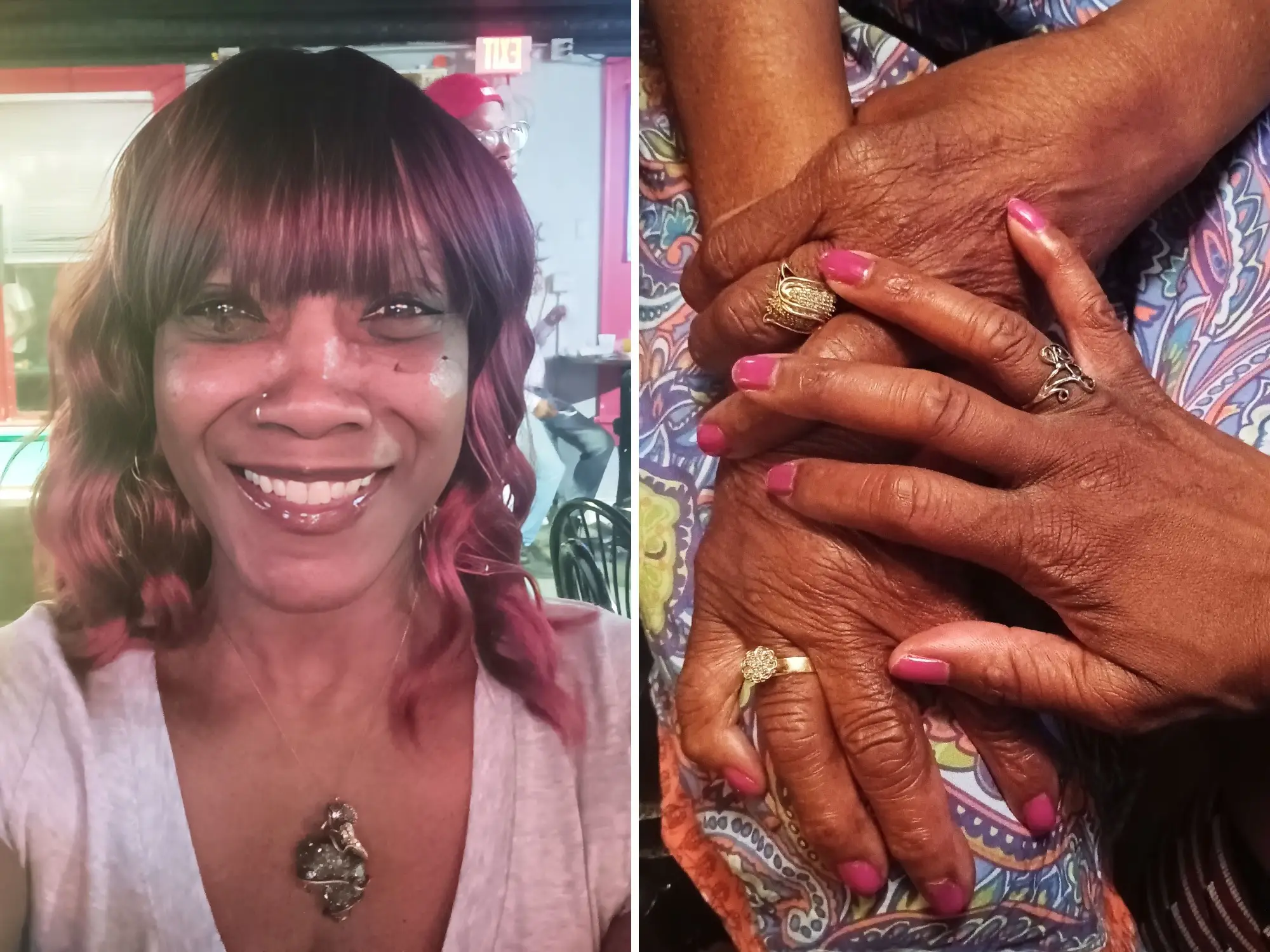 A split image of a woman and the intertwined hands of two women.