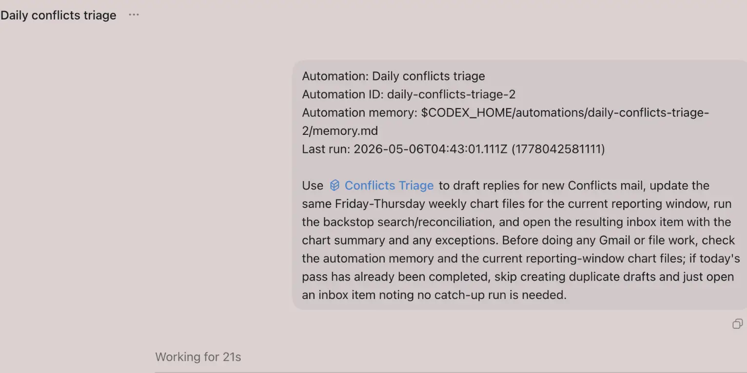 A Codex automation page shows instructions for a 