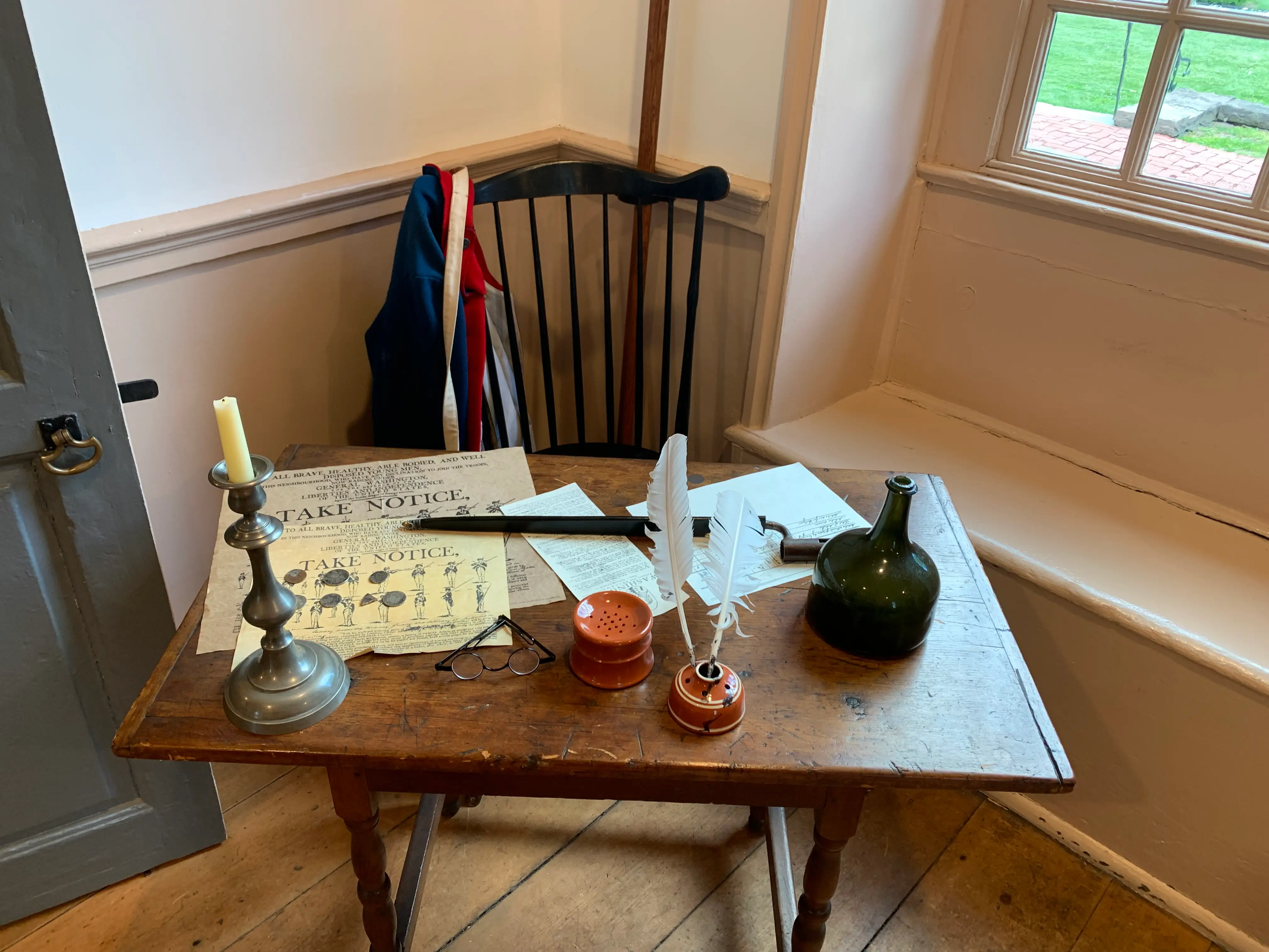 A desk meant to simulate a workspace from the time period