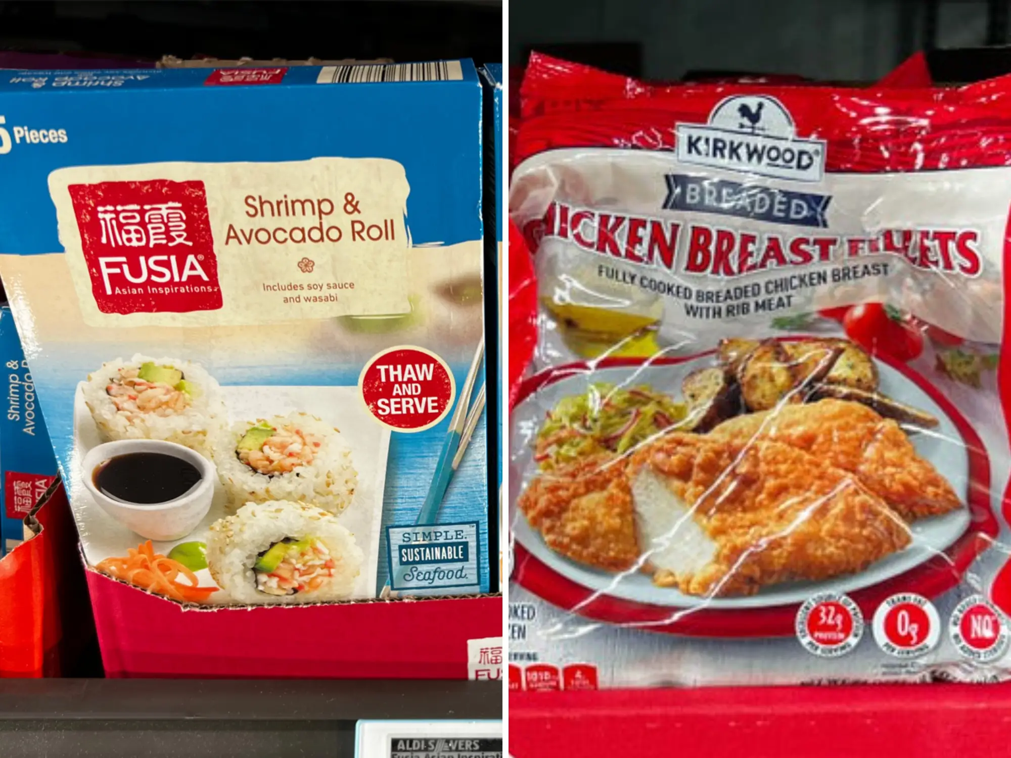 Composite of Fusia sushi next to image of Kirkwood breaded chicken fillets
