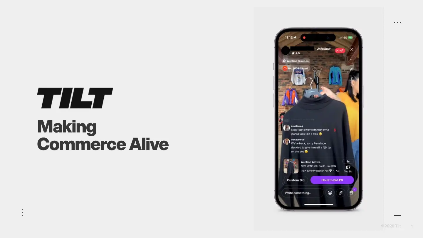 Slide one of Tilt pitch deck, which reads Tilt: Making Commerce Alive