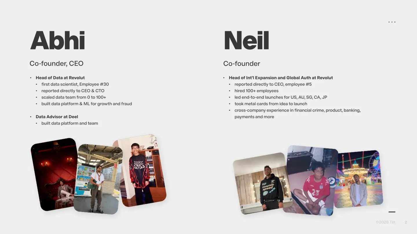 Slide from Tilt pitch deck introducing the founders.