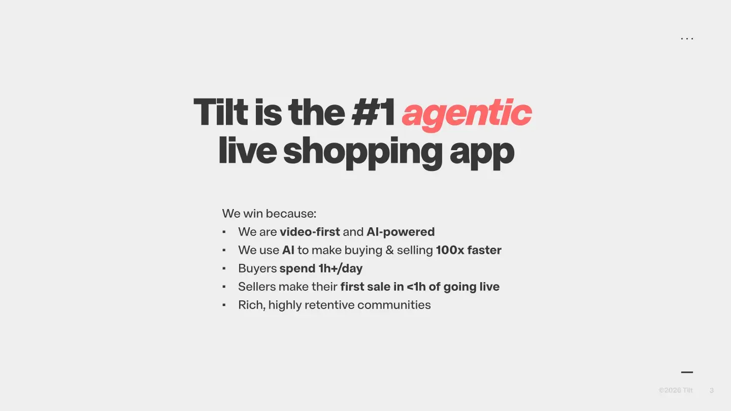 Slide from the Tilt pitch deck, which introduces the live shopping app.
