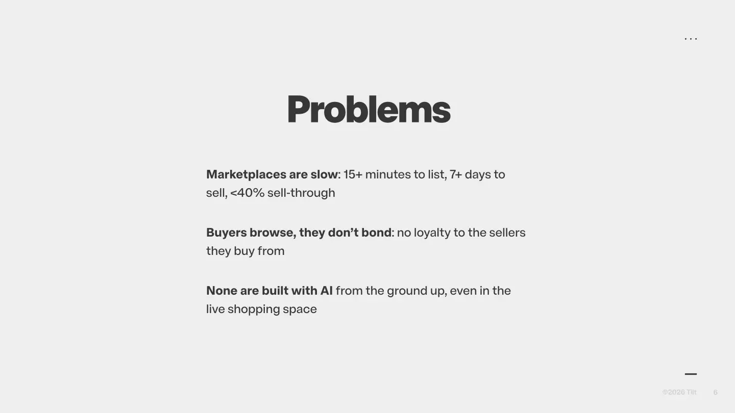 Slide from Tilt pitch deck which lists the problems in online consumer-to-consumer shopping marketplaces