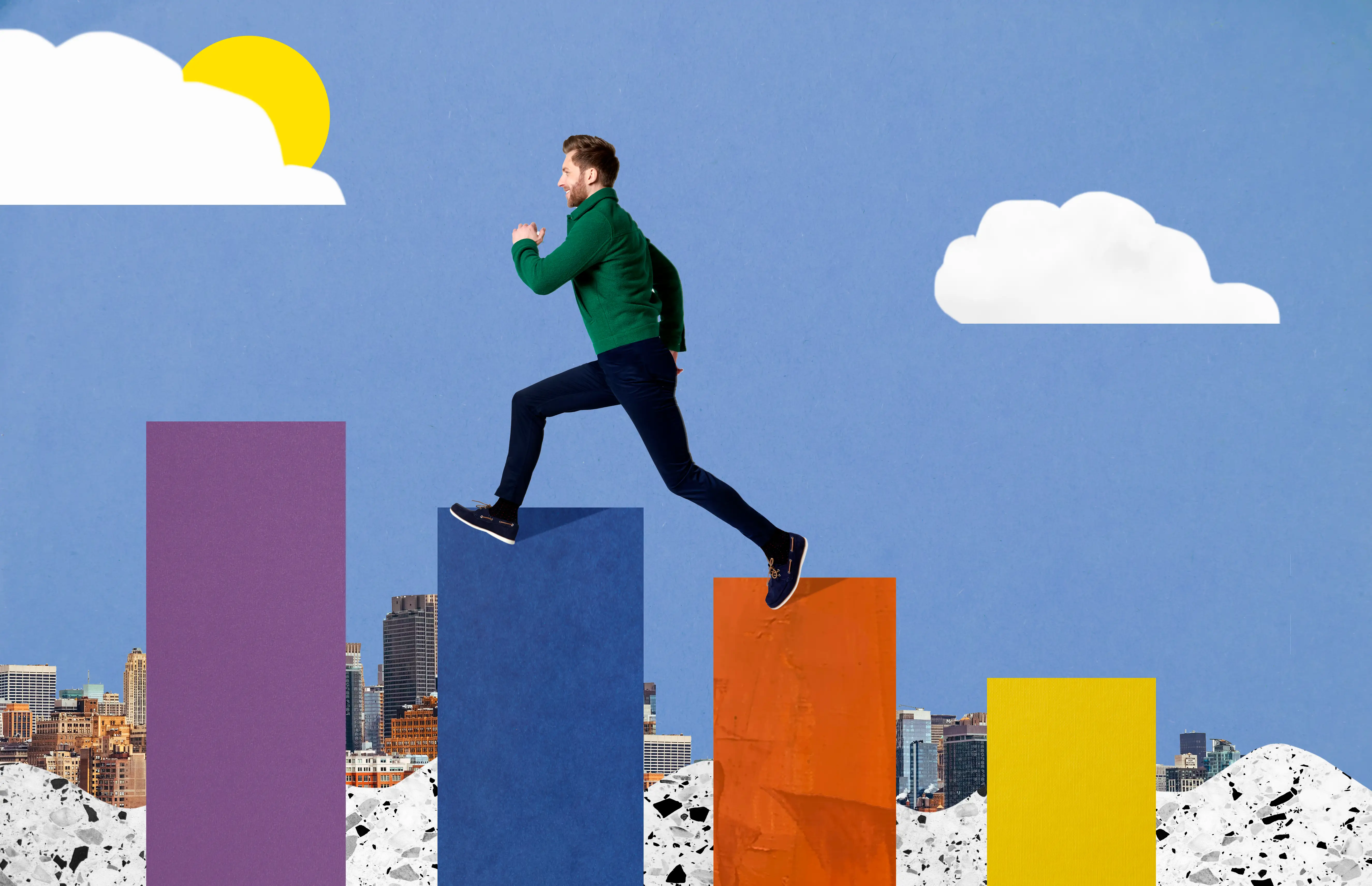 A man, dressed in black pants and a green top, runs up a colorful bar graph in front of a graphic of a sunny day.