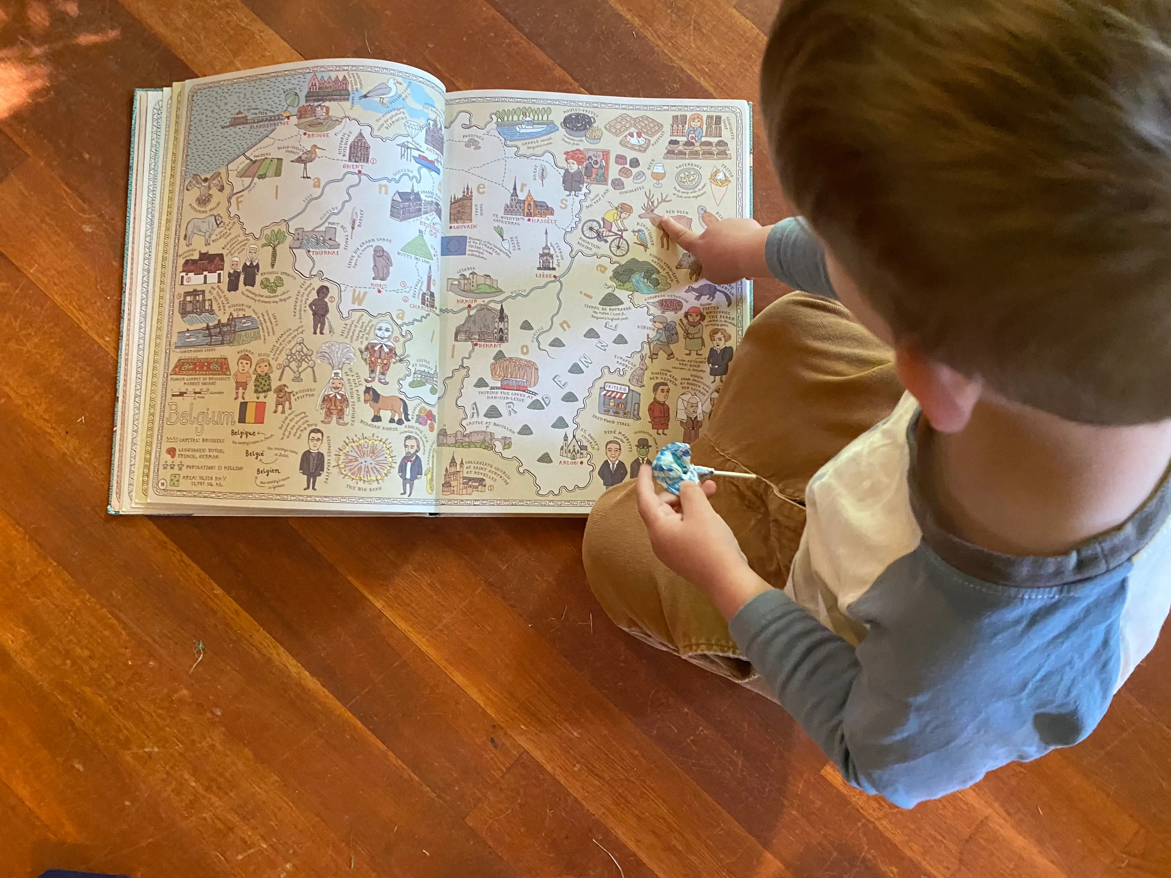 Boy pointing at book