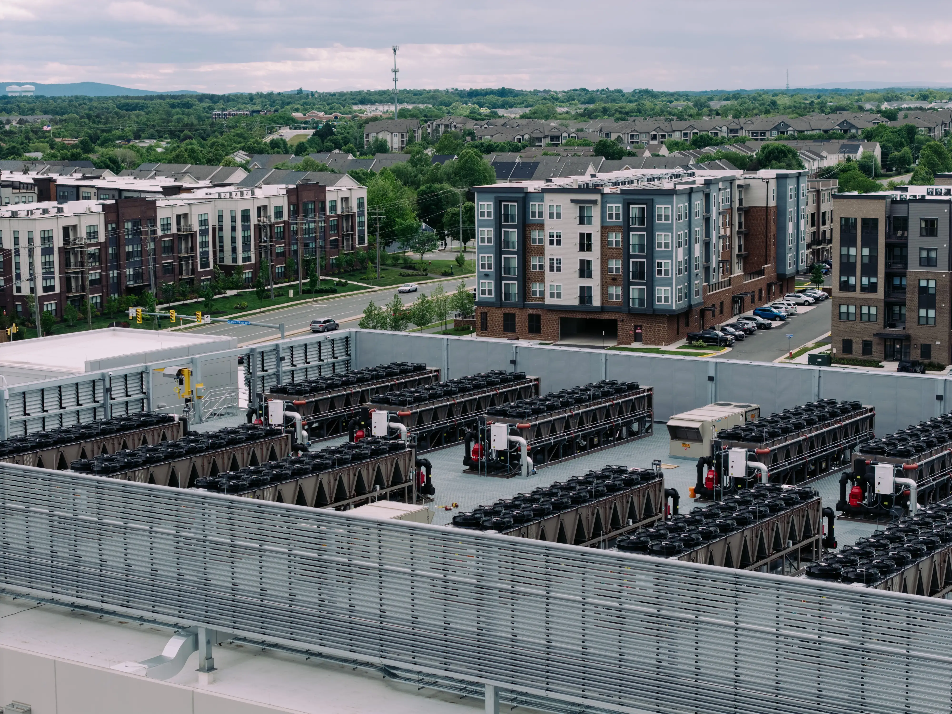 Cooling fans atop a data center are seen in Ashburn, Virginia.