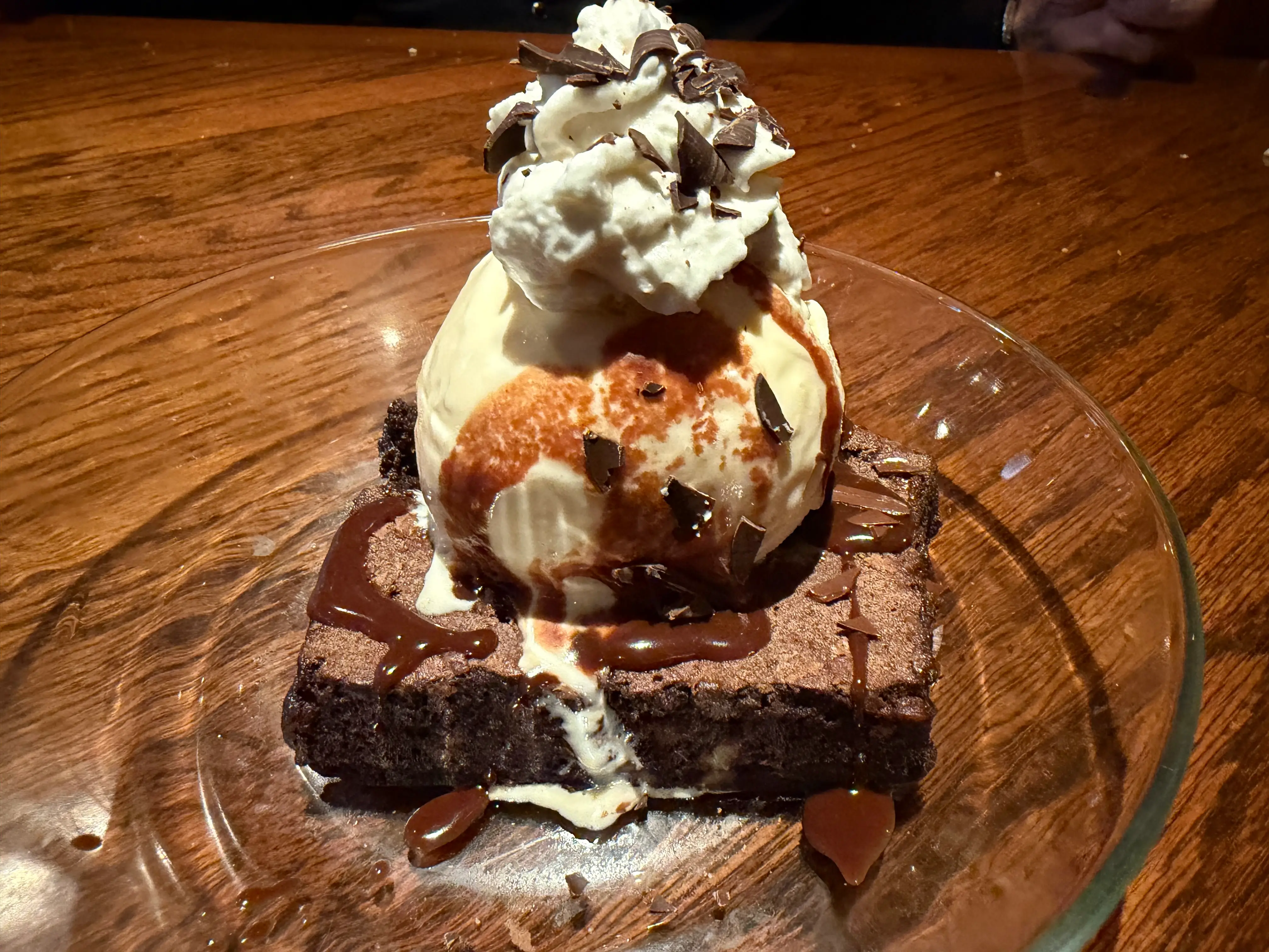 Outback Chocolate Thunder from Down Under brownie topped with ice cream, whipped cream, chocolate savings and sauce