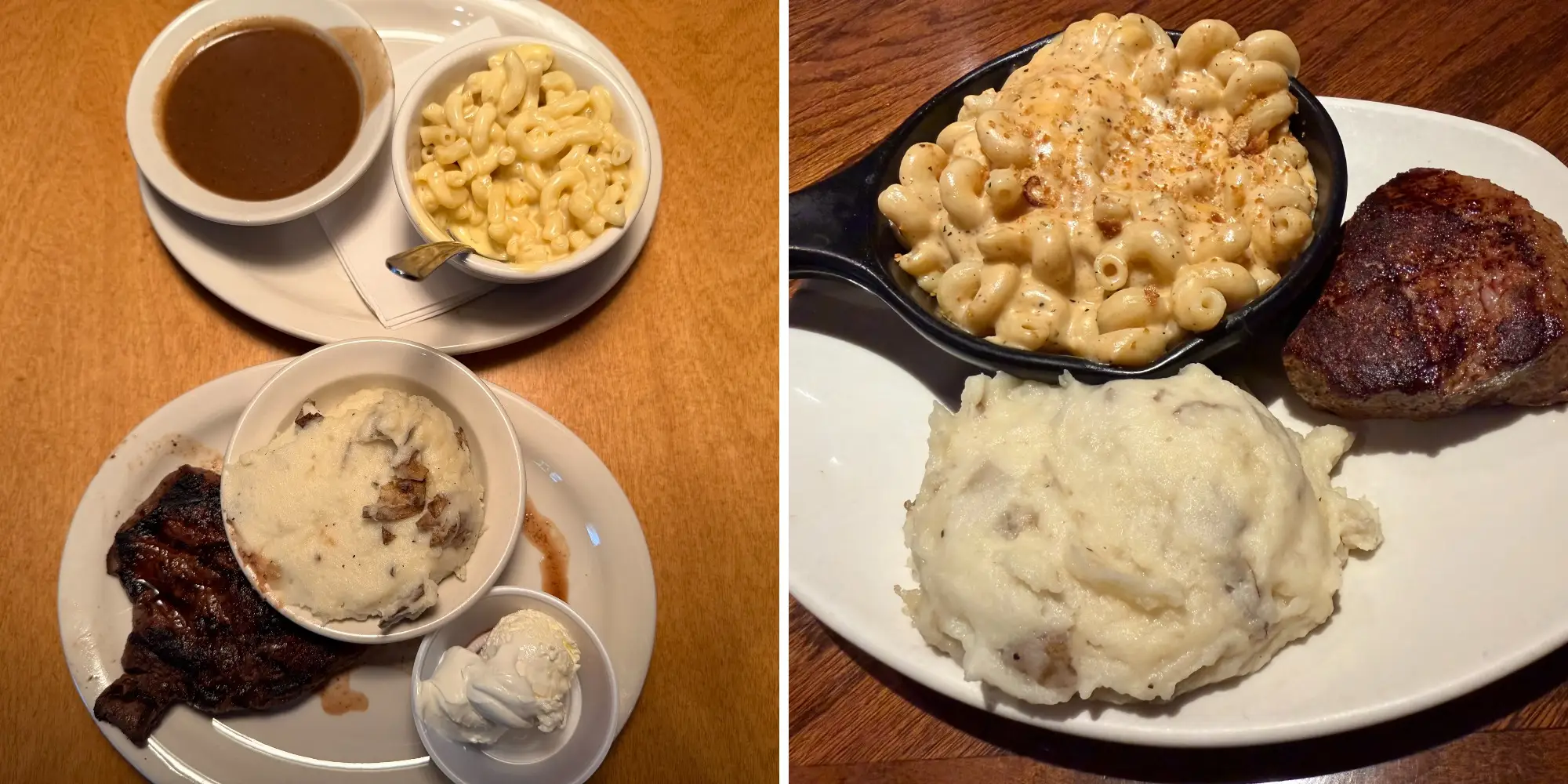 Composite of dinner at Texas Roadhouse with steak, bowl of mashed potatoes, plastic container of sour cream on one plate and plate with bowl of gravy and mac and cheese above it next to image of Outback Steakhouse meal with skillet of mac and cheese on plate with steak and mashed potato scoop