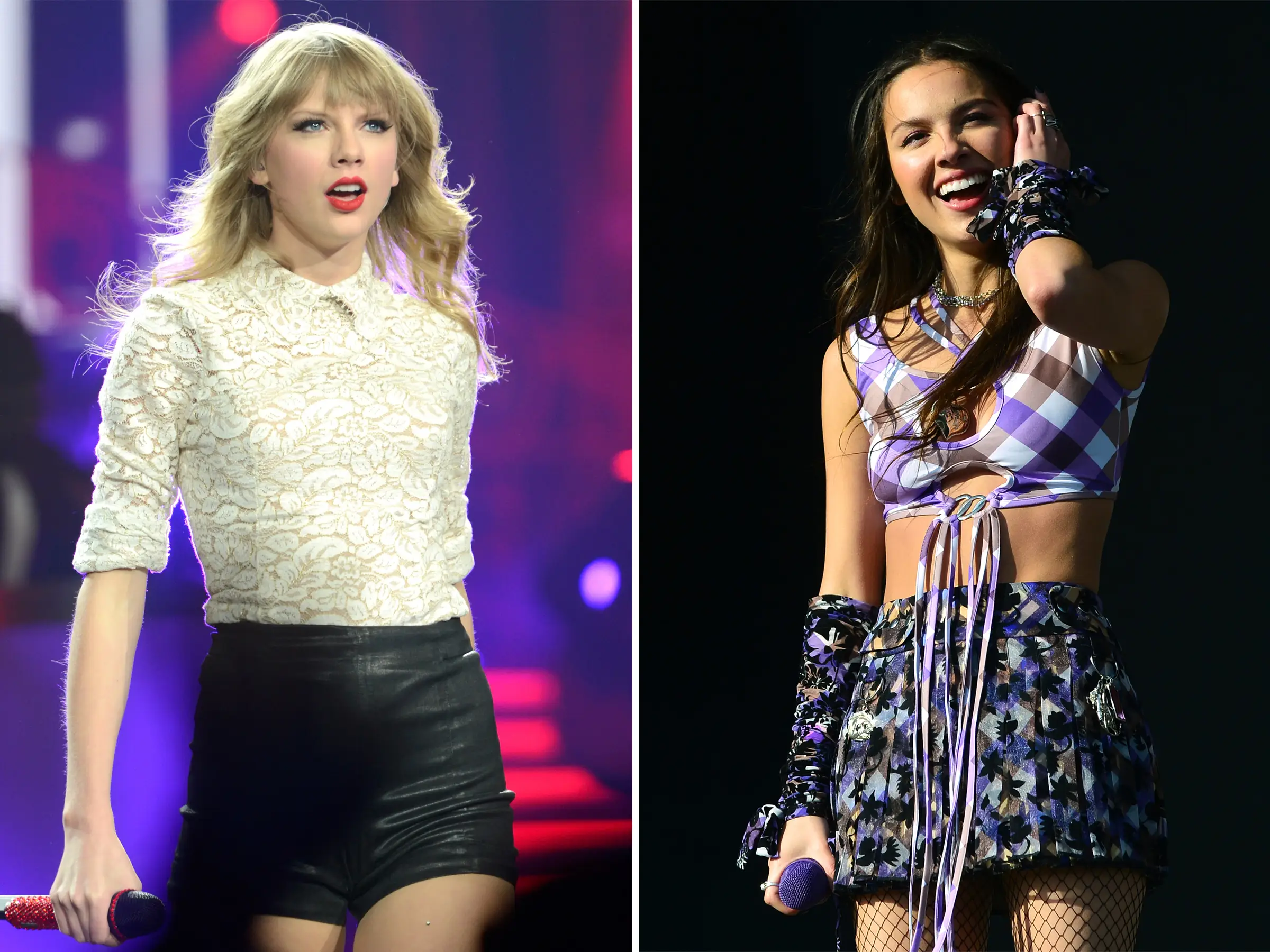 Taylor Swift performs during the 2013 Red Tour, left, and Olivia Rodrigo performs at the 2021 Glastonbury Festival.