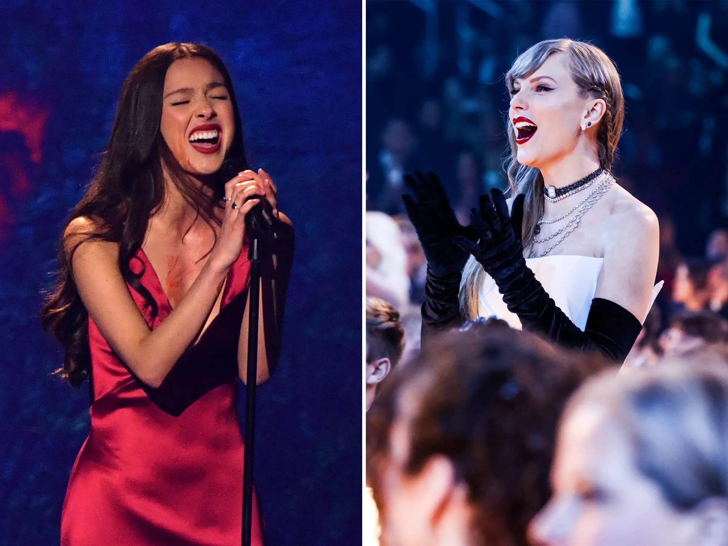 Olivia Rodrigo and Taylor Swift at the 2024 Grammys.
