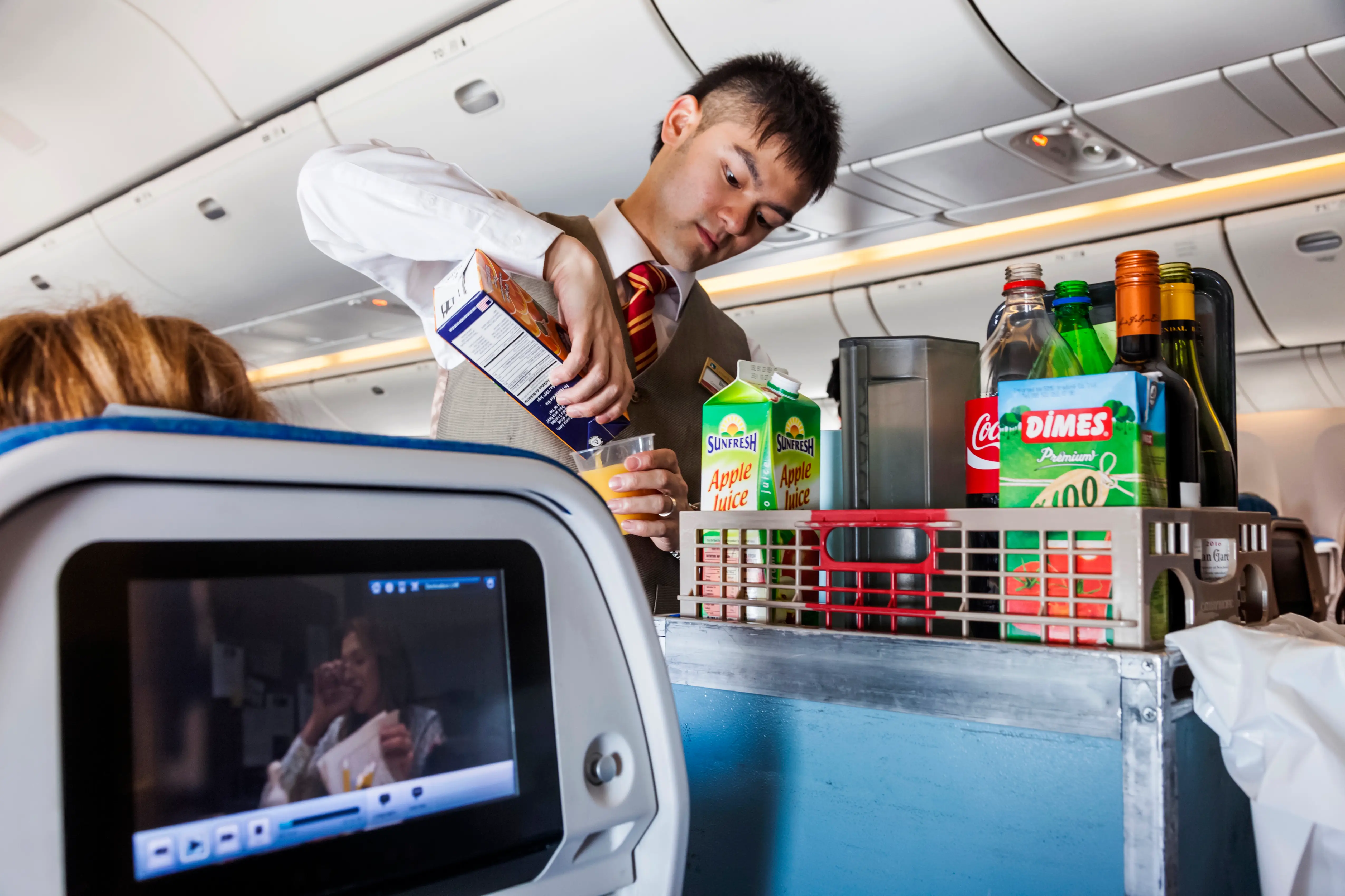 Aeroplane Inflight Cabin Attendent Serving Drinks